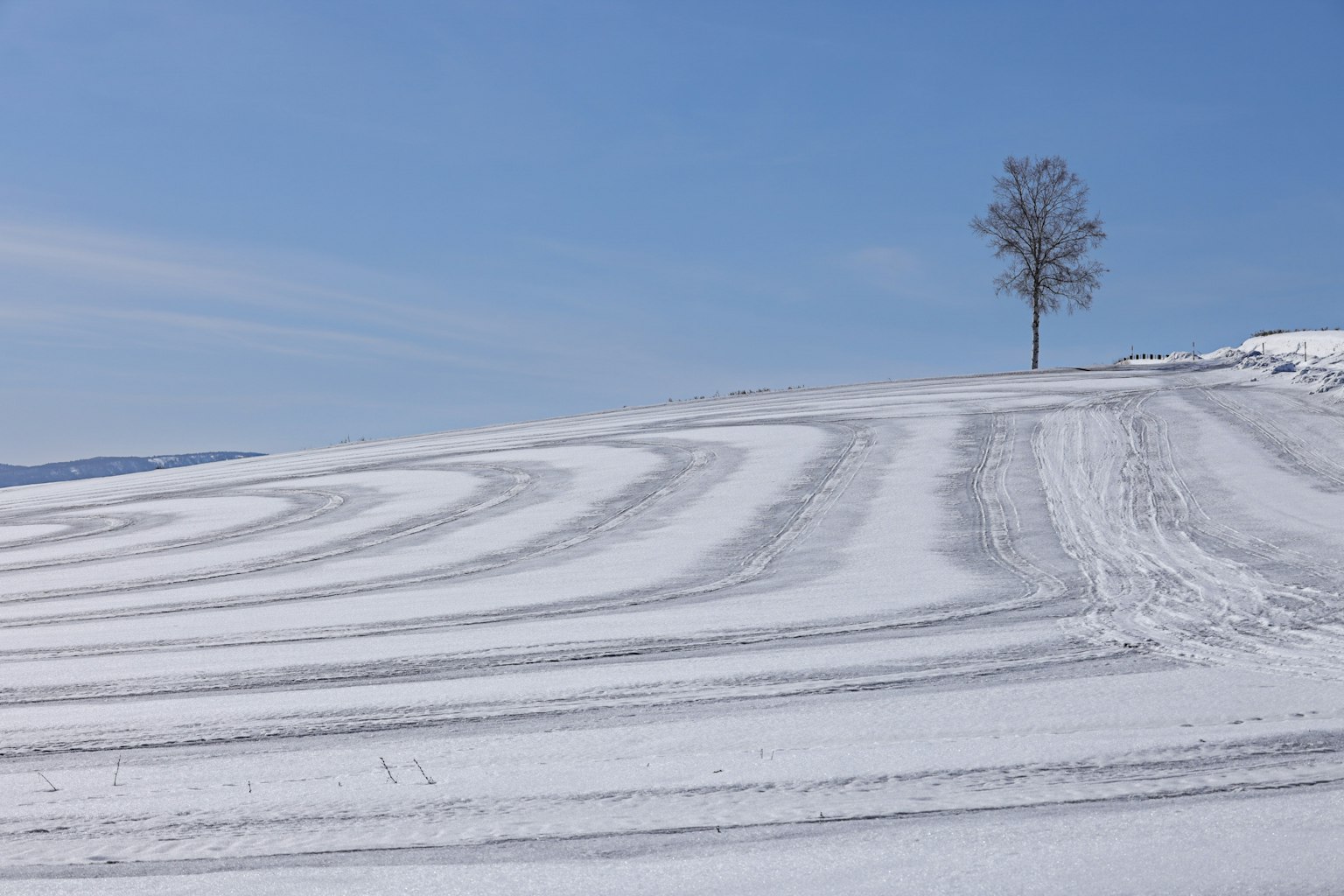 A unique pattern of curves on a snow-covered hill with a single tree under a blue sky