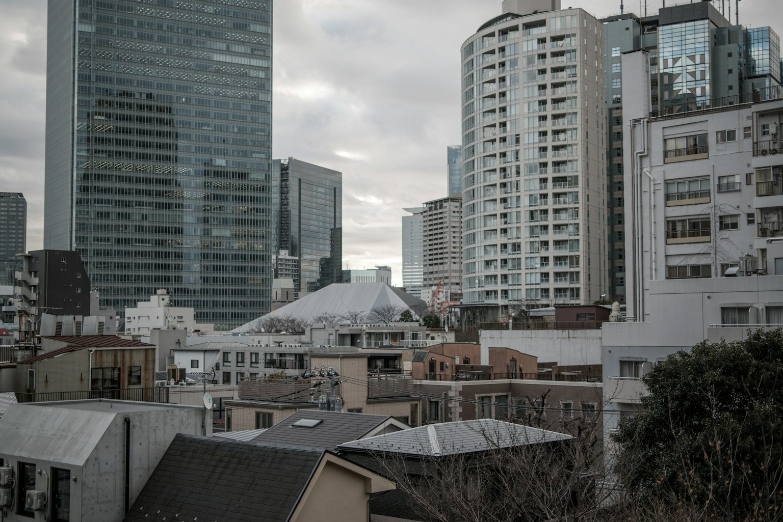 Paisaje urbano con rascacielos y edificios residenciales bajo un cielo nublado