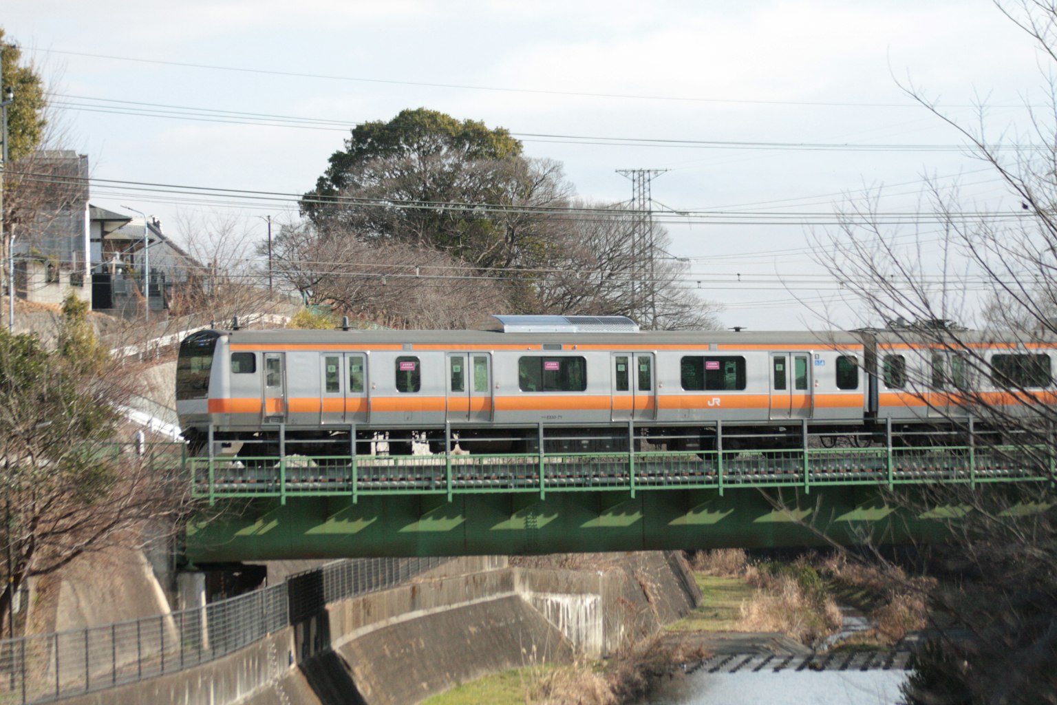 Train traversant un pont vert entouré d'arbres