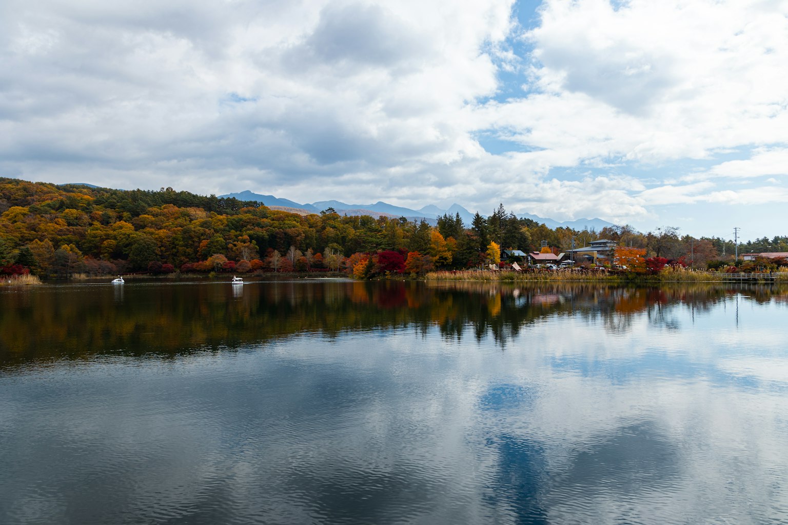 ทะเลสาบที่สวยงามสะท้อนใบไม้ฤดูใบไม้ร่วงที่มีสีสันและท้องฟ้าที่มีเมฆ