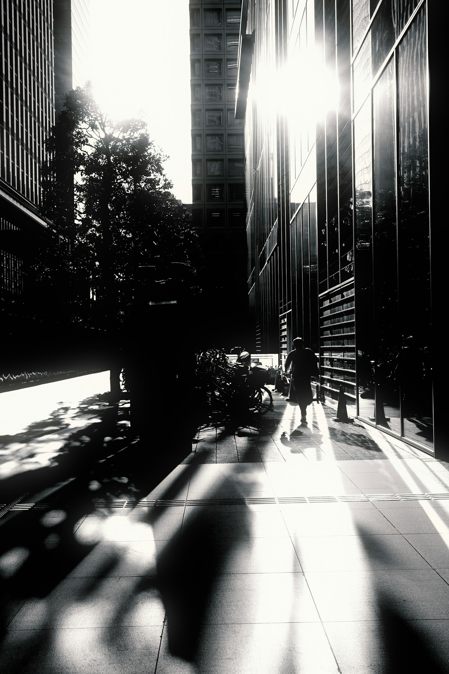 Silhouette d'une personne marchant entre des bâtiments avec un contraste lumineux saisissant en noir et blanc