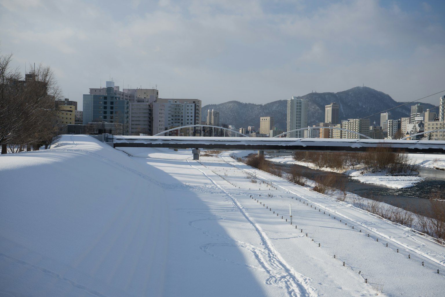 雪覆盖的河岸与桥梁和城市风景