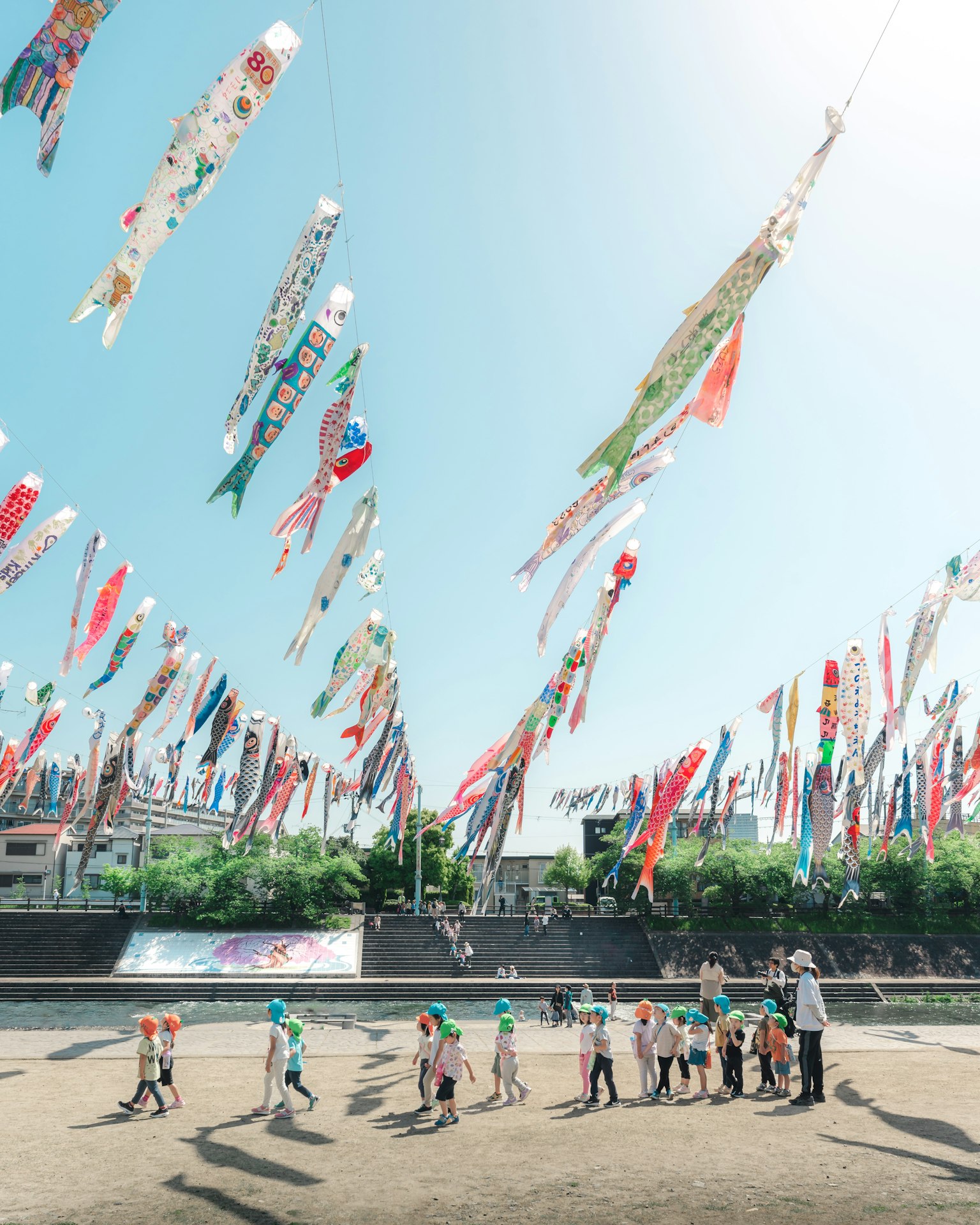 孩子们在阳光明媚的日子里在公园里玩耍，周围是五彩的鲤鱼旗