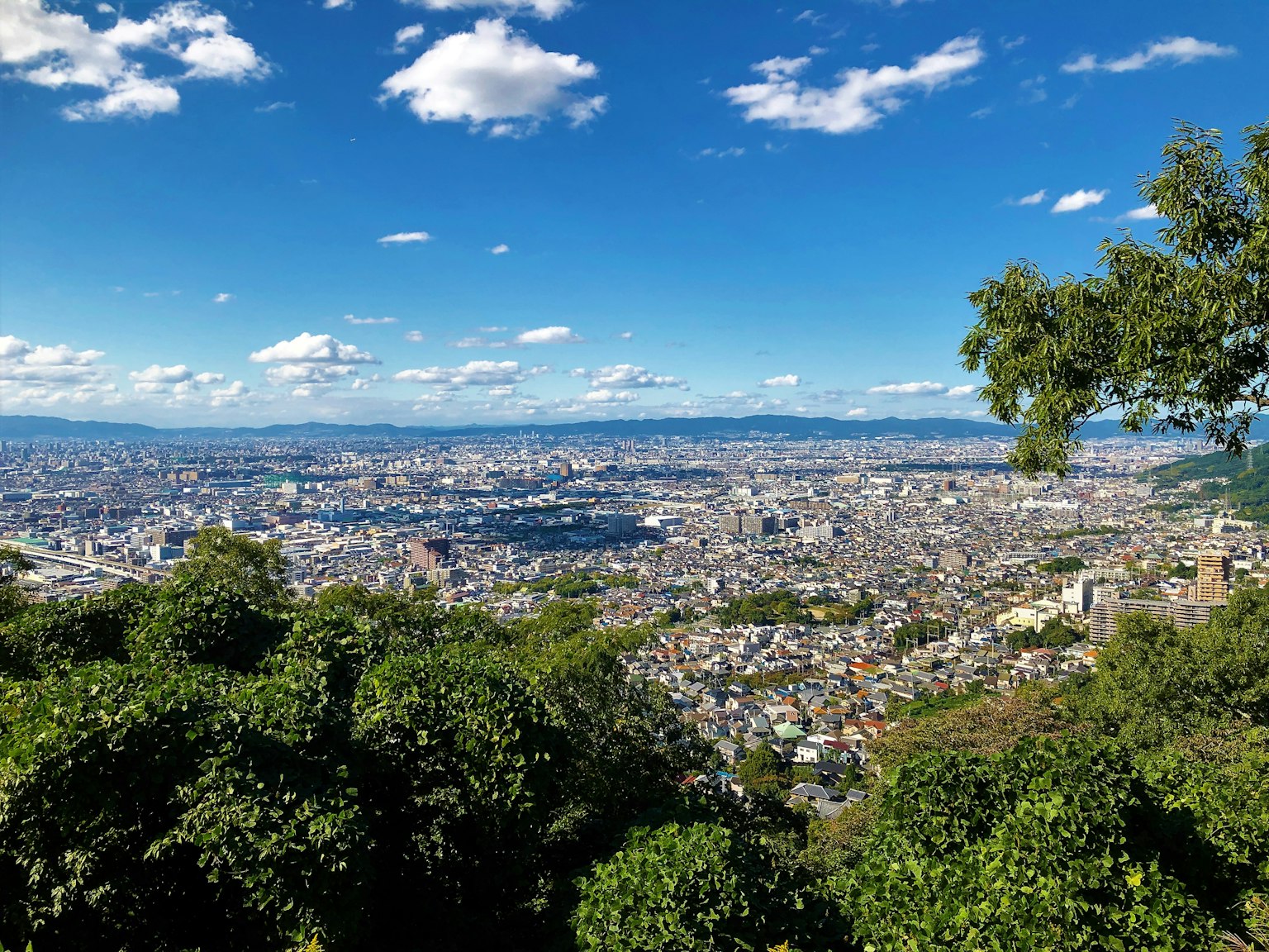 Vista panoramica di Osaka con cielo blu e vegetazione