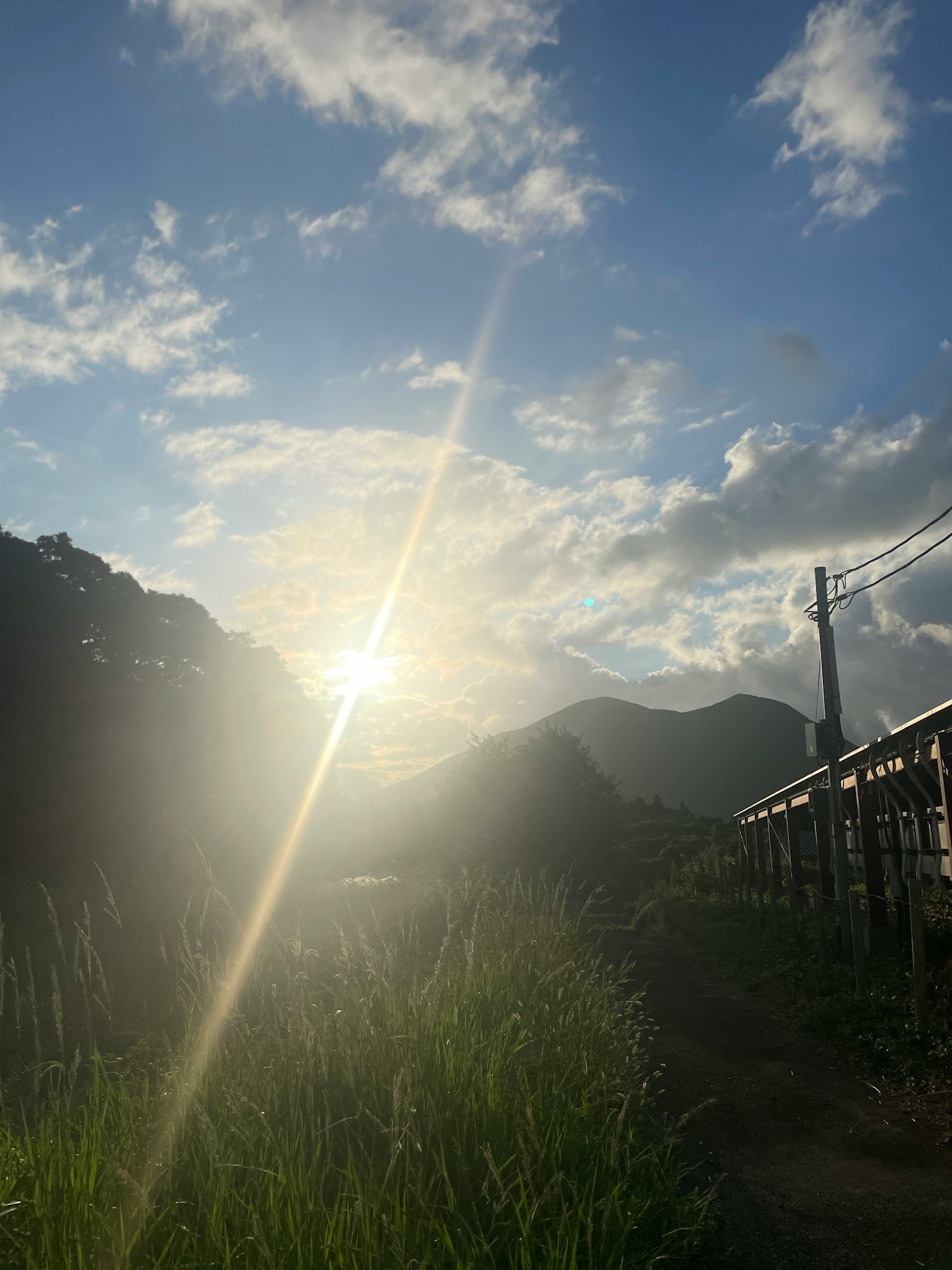 夕阳透过山脉的风景，绿色草地和蓝天