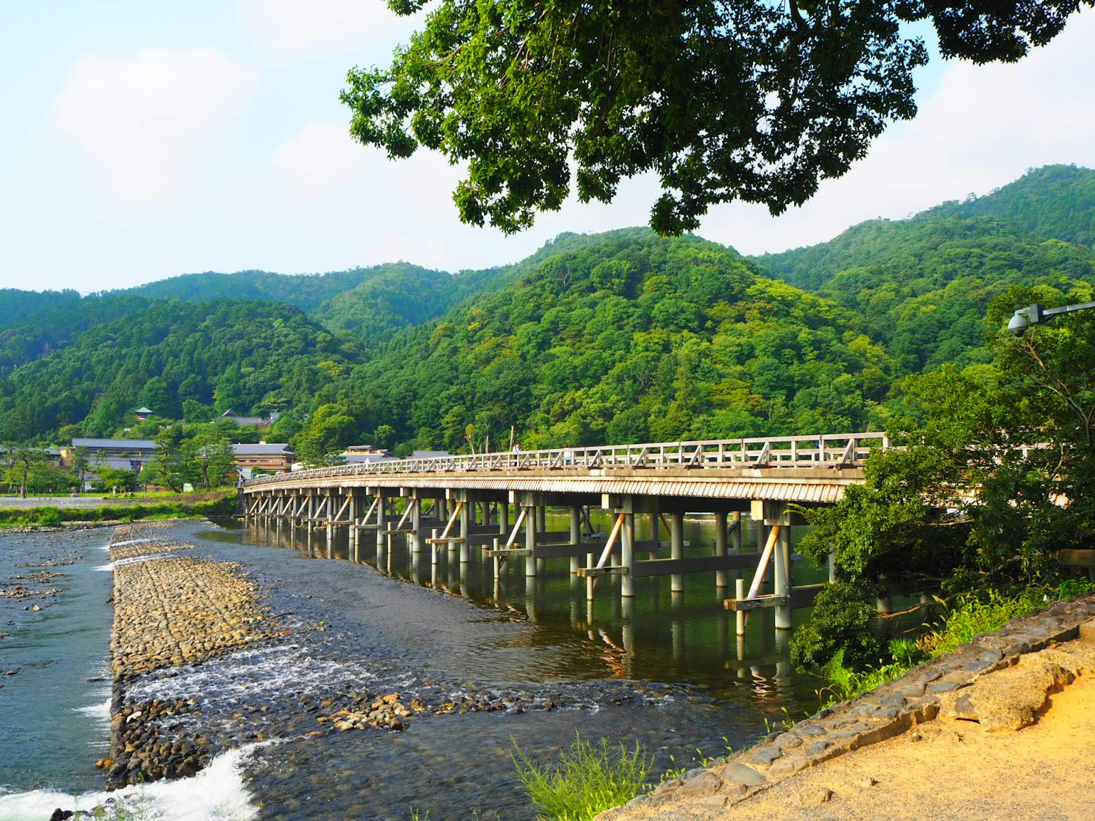 ทิวทัศน์ของสะพานไม้ข้ามแม่น้ำที่มีภูเขาเขียวขจีล้อมรอบ