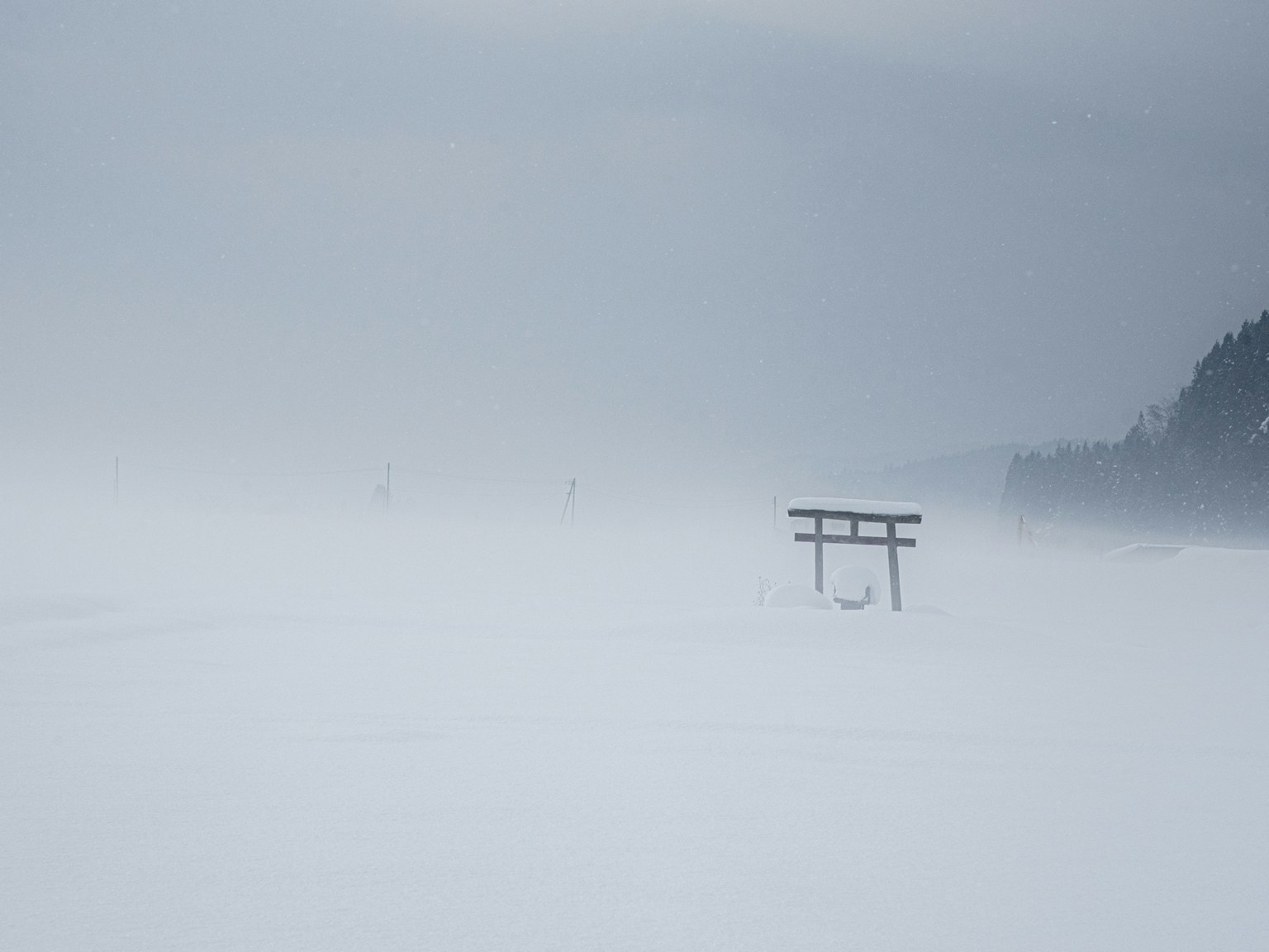 A torii gate standing quietly in a snowy landscape