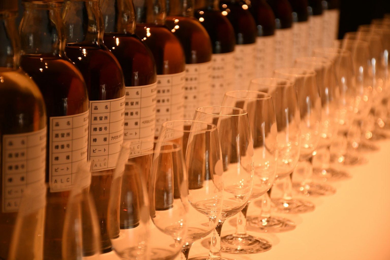 A row of wine bottles and glasses elegantly arranged