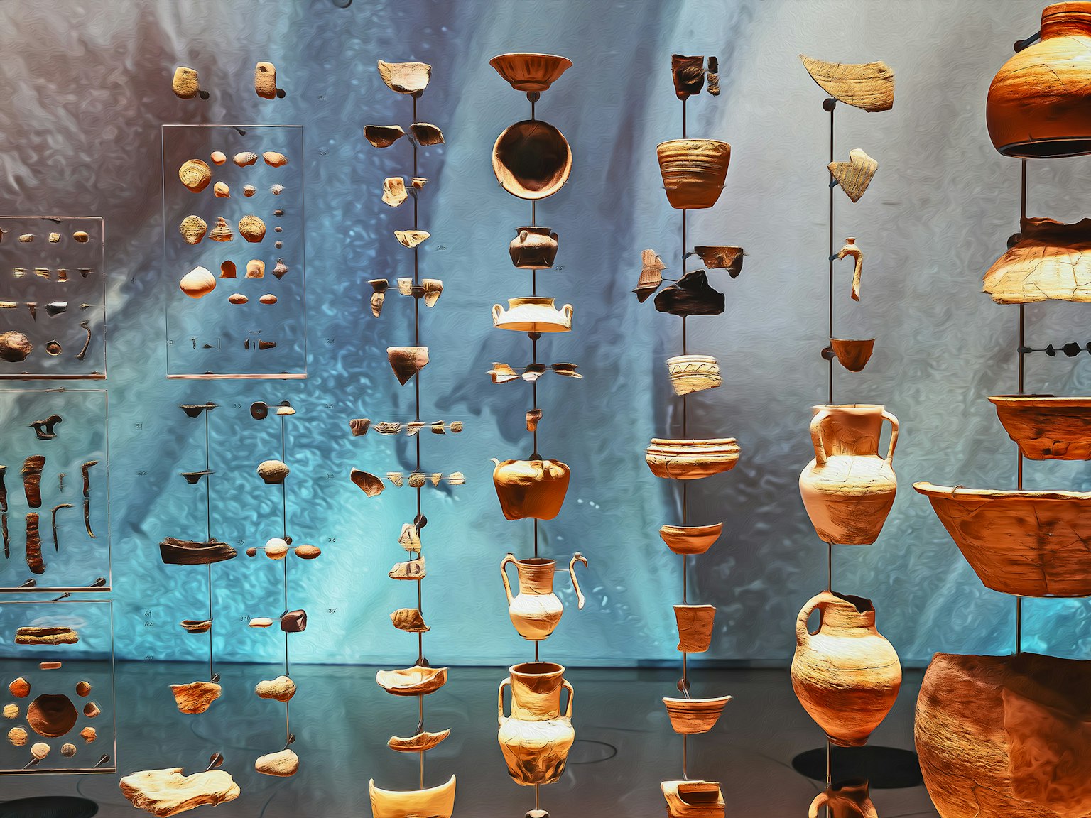 Display of various shaped pottery suspended against a blue background