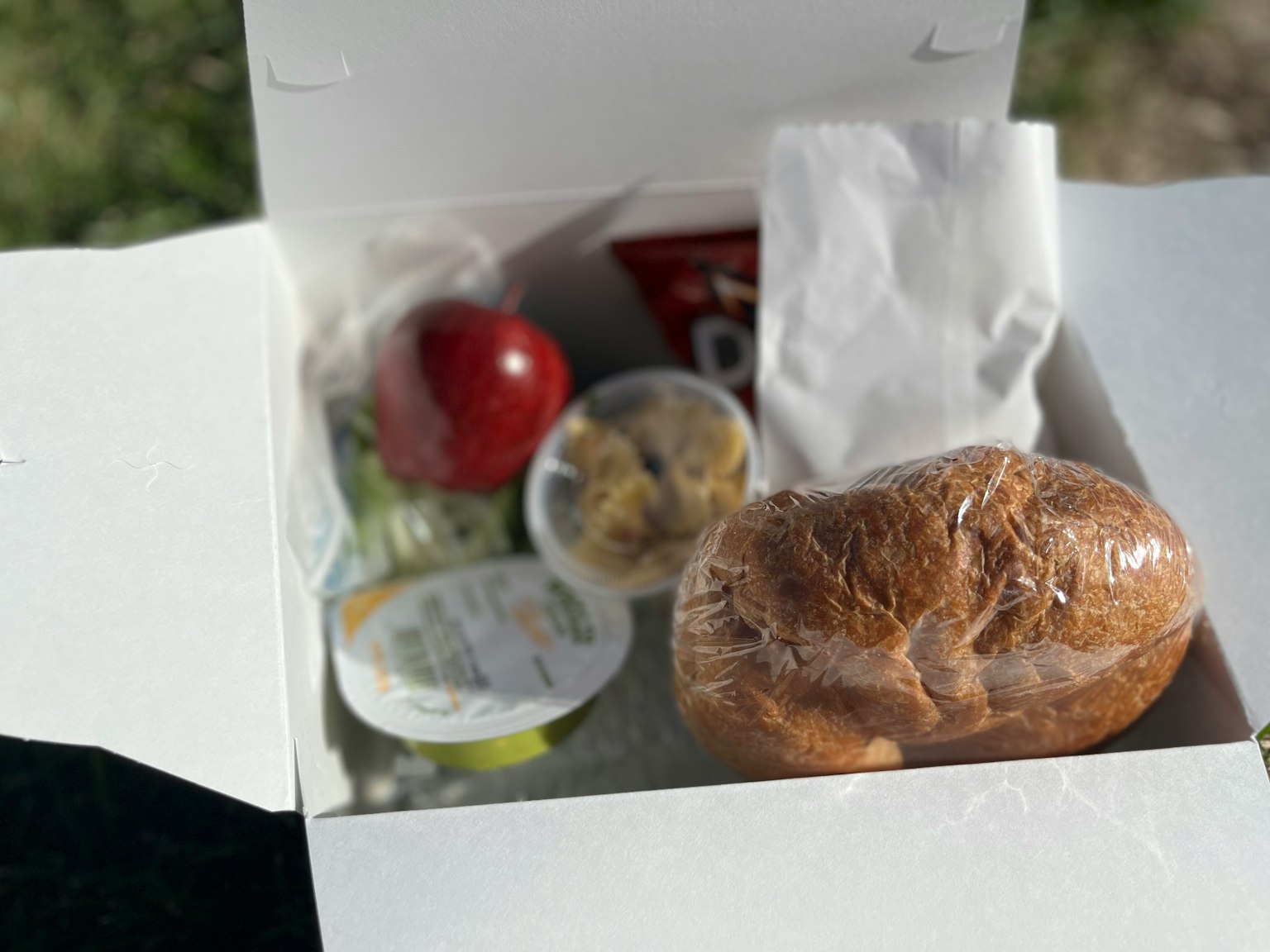 Une boîte à emporter remplie d'un sandwich d'une pomme d'une salade et de collations