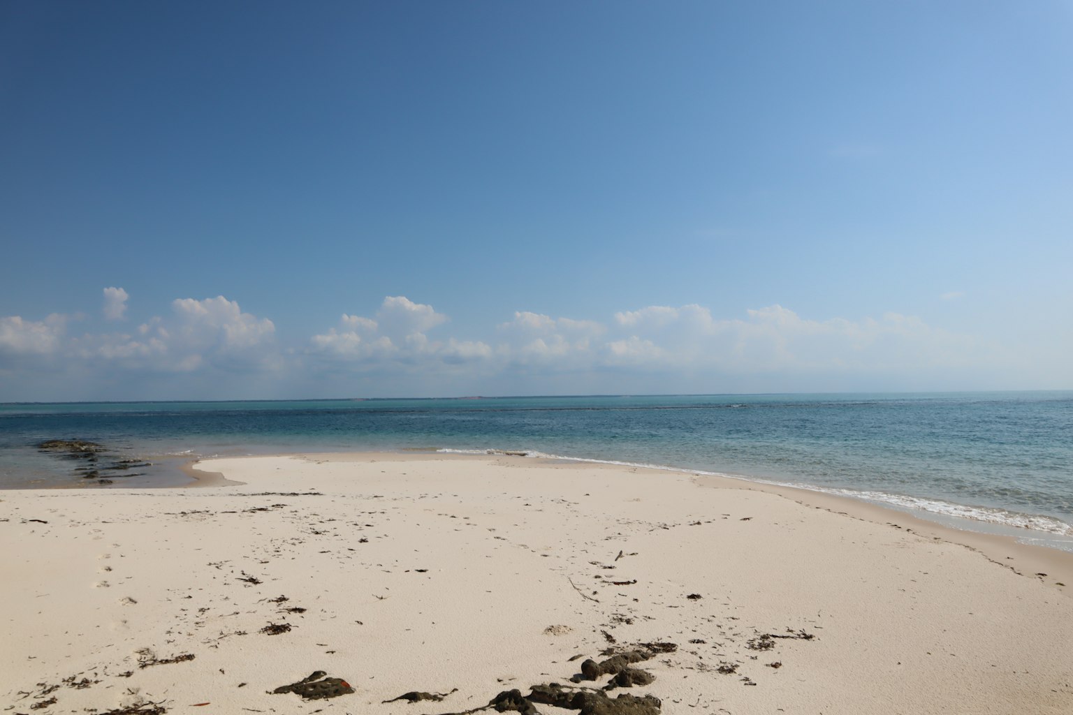 Pemandangan pantai dengan langit biru cerah dan lautan tenang