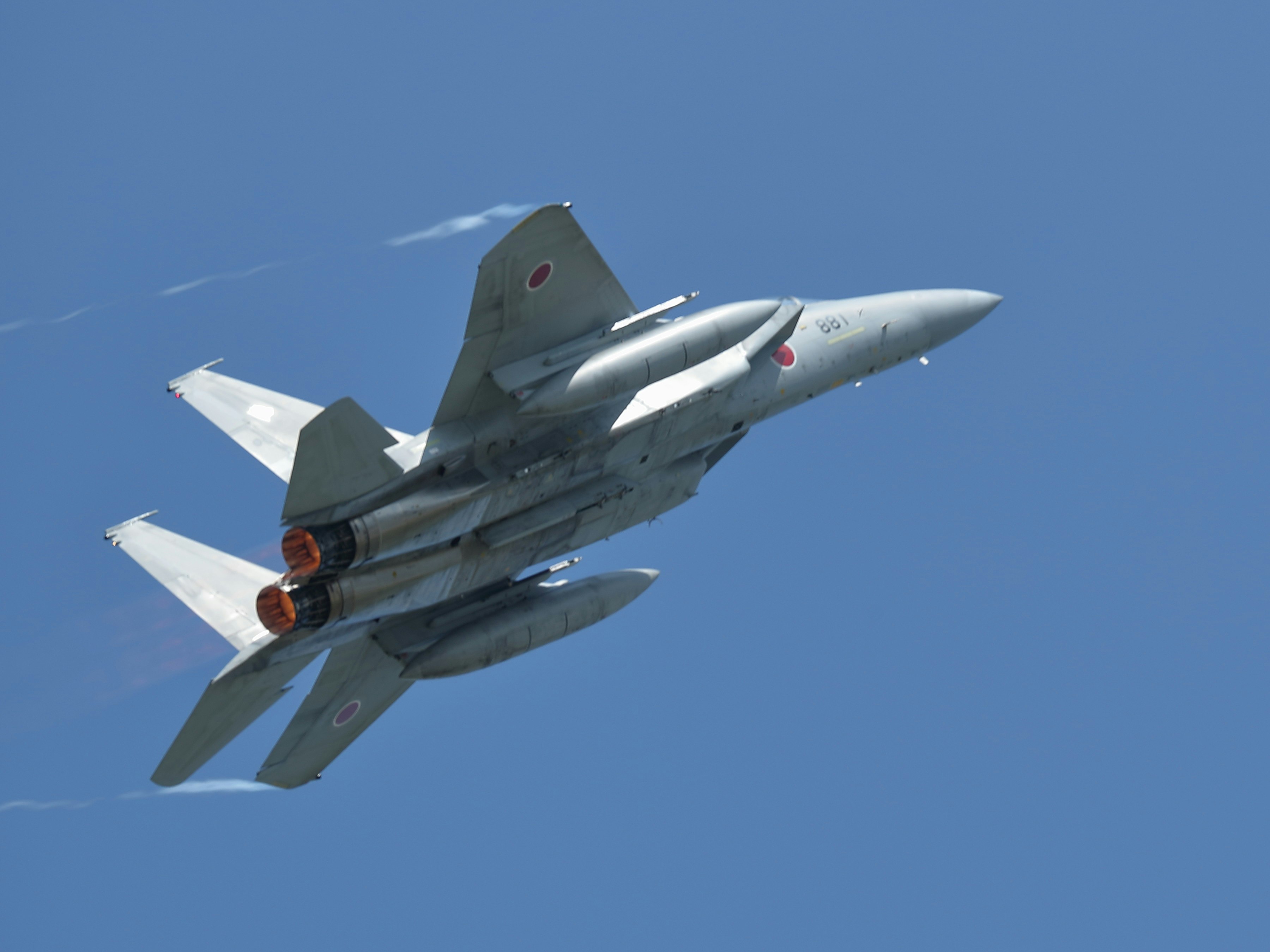 青空を飛ぶF-15J戦闘機の機体
