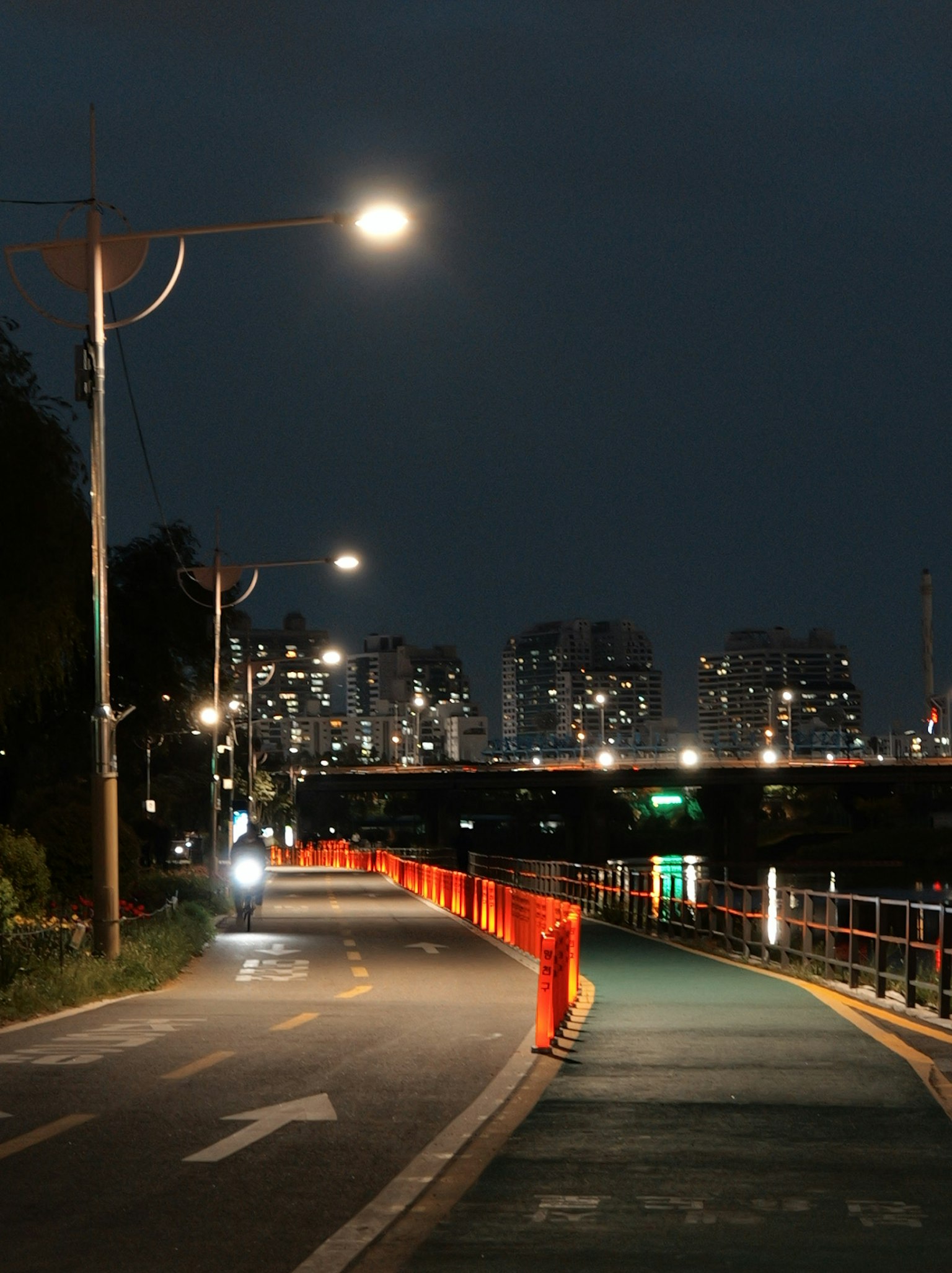 夜晚河邊步道的景色，帶有路燈和高樓大廈