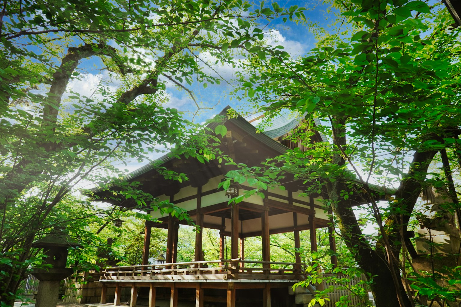 Edificio japonés tradicional rodeado de vegetación exuberante con un hermoso cielo azul