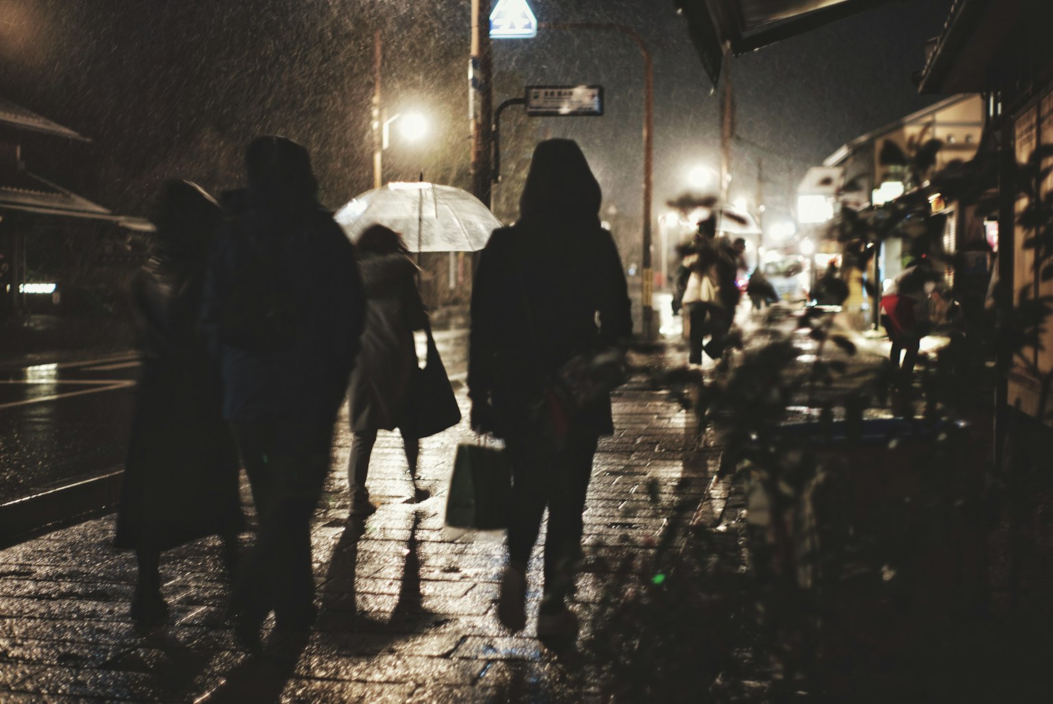 Menschen, die nachts im Regen gehen, Regenschirme haltend, Straßenlaternen erhellen die Szene