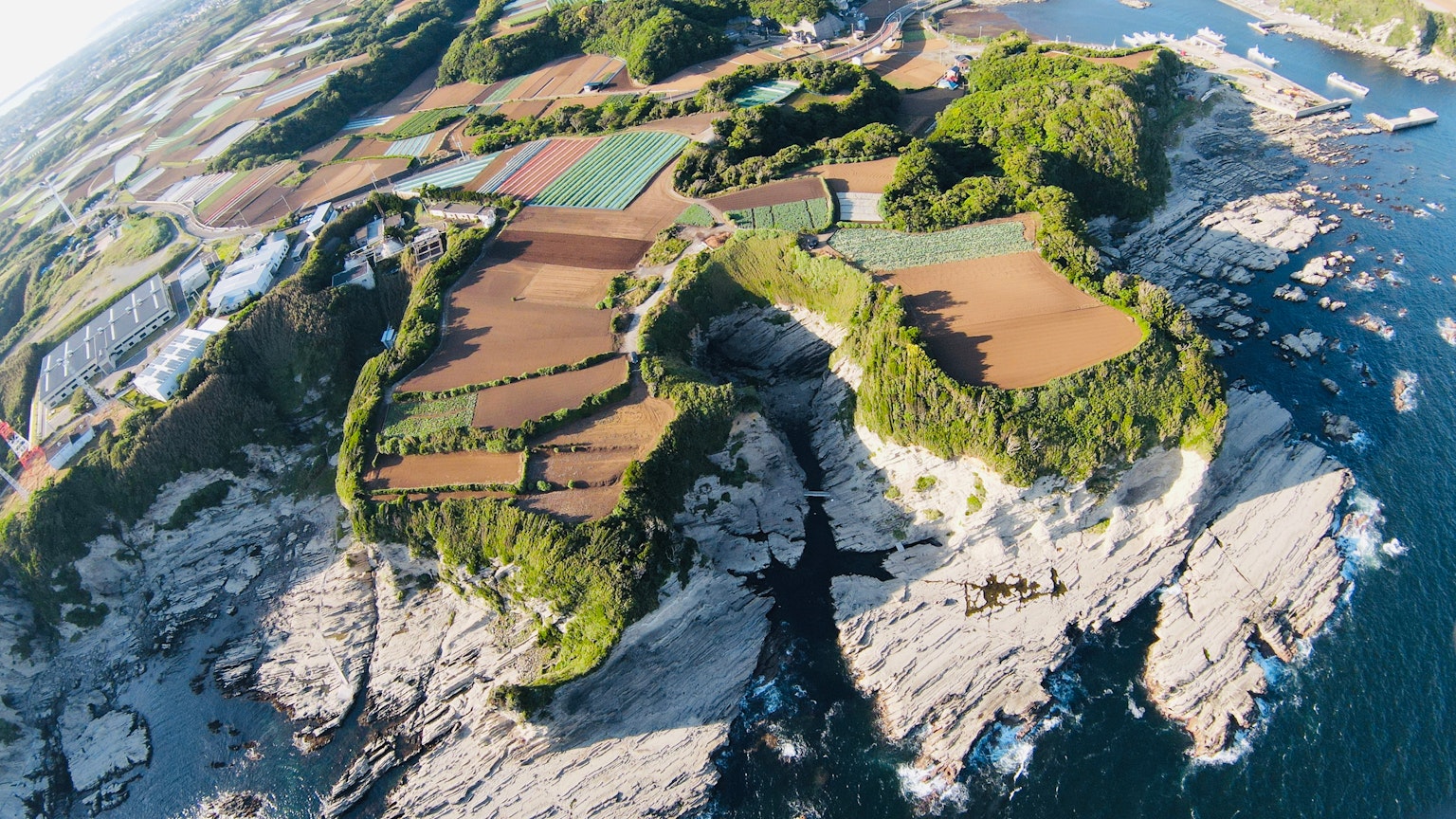 Vue aérienne de terres agricoles luxuriantes entourées par un océan bleu et une côte rocheuse