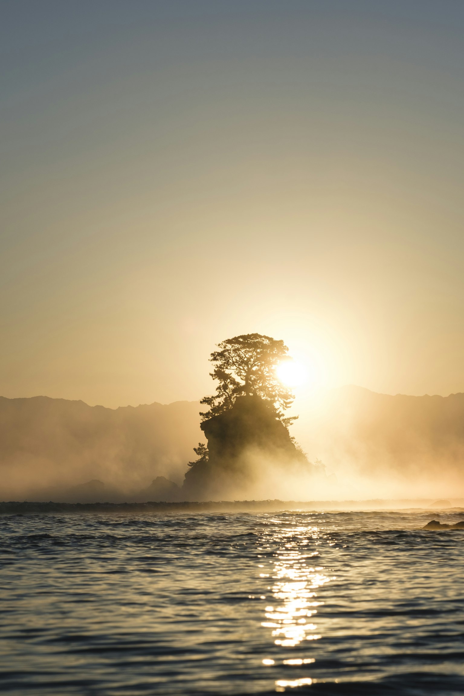 Isla con un árbol en silueta contra el sol naciente sobre el agua