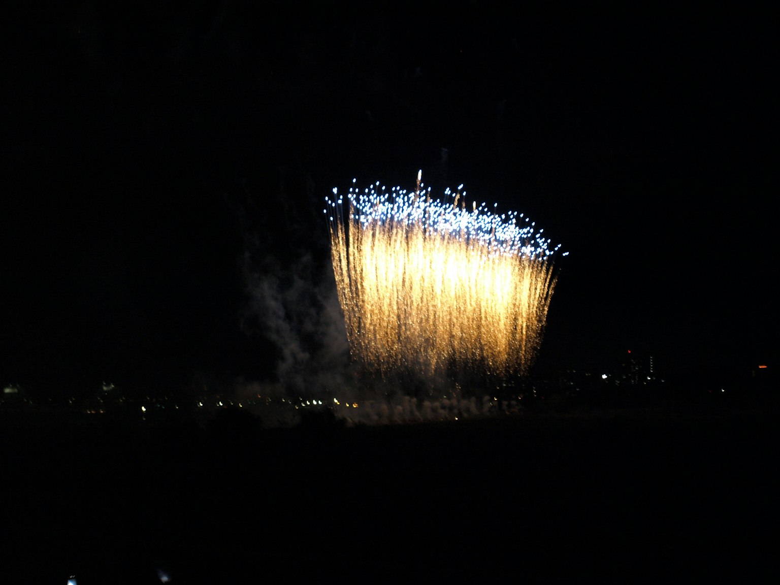 Fuegos artificiales estallando en el cielo nocturno con chispas doradas