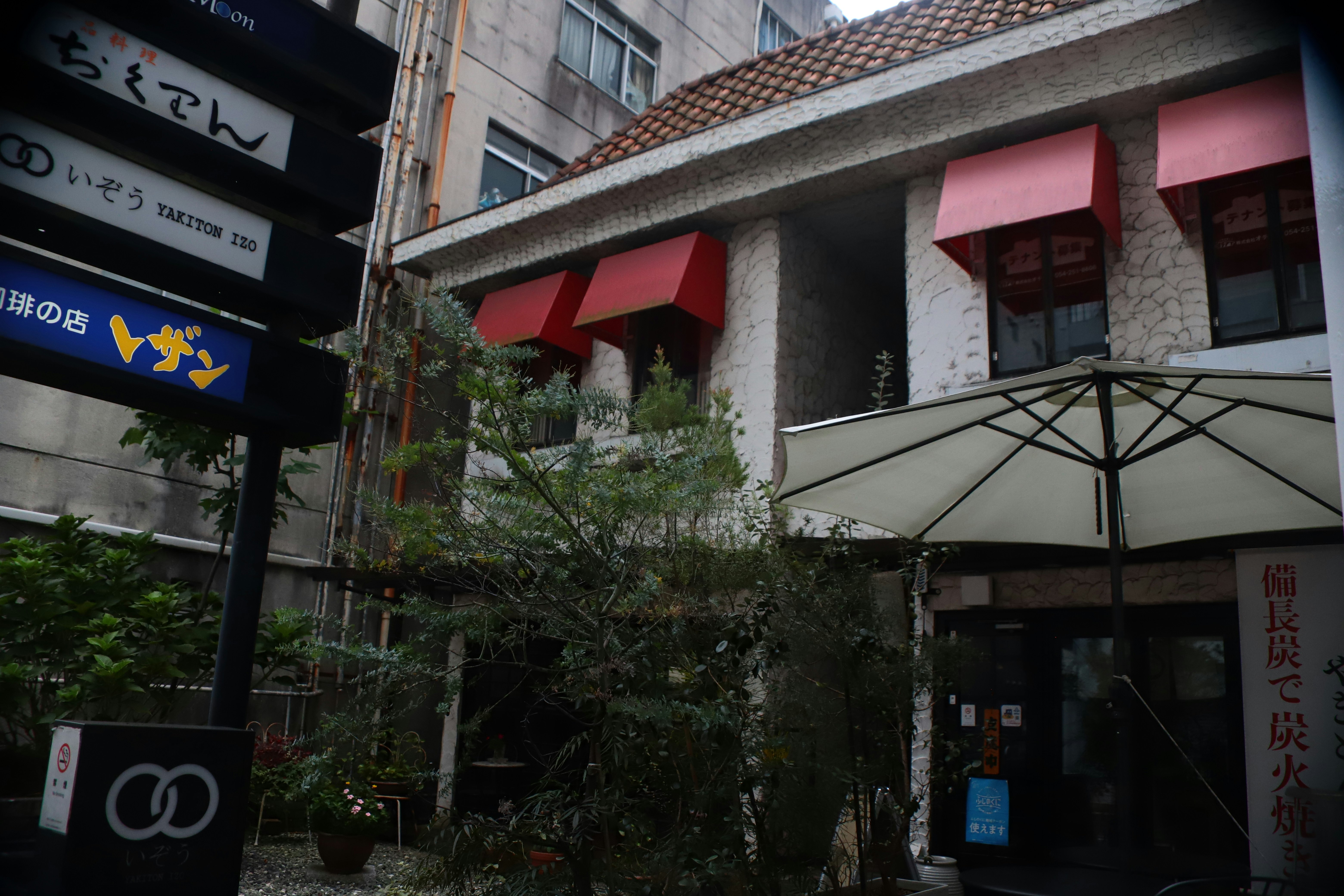 狹窄巷弄裡店鋪檐下成排的紅色暖簾