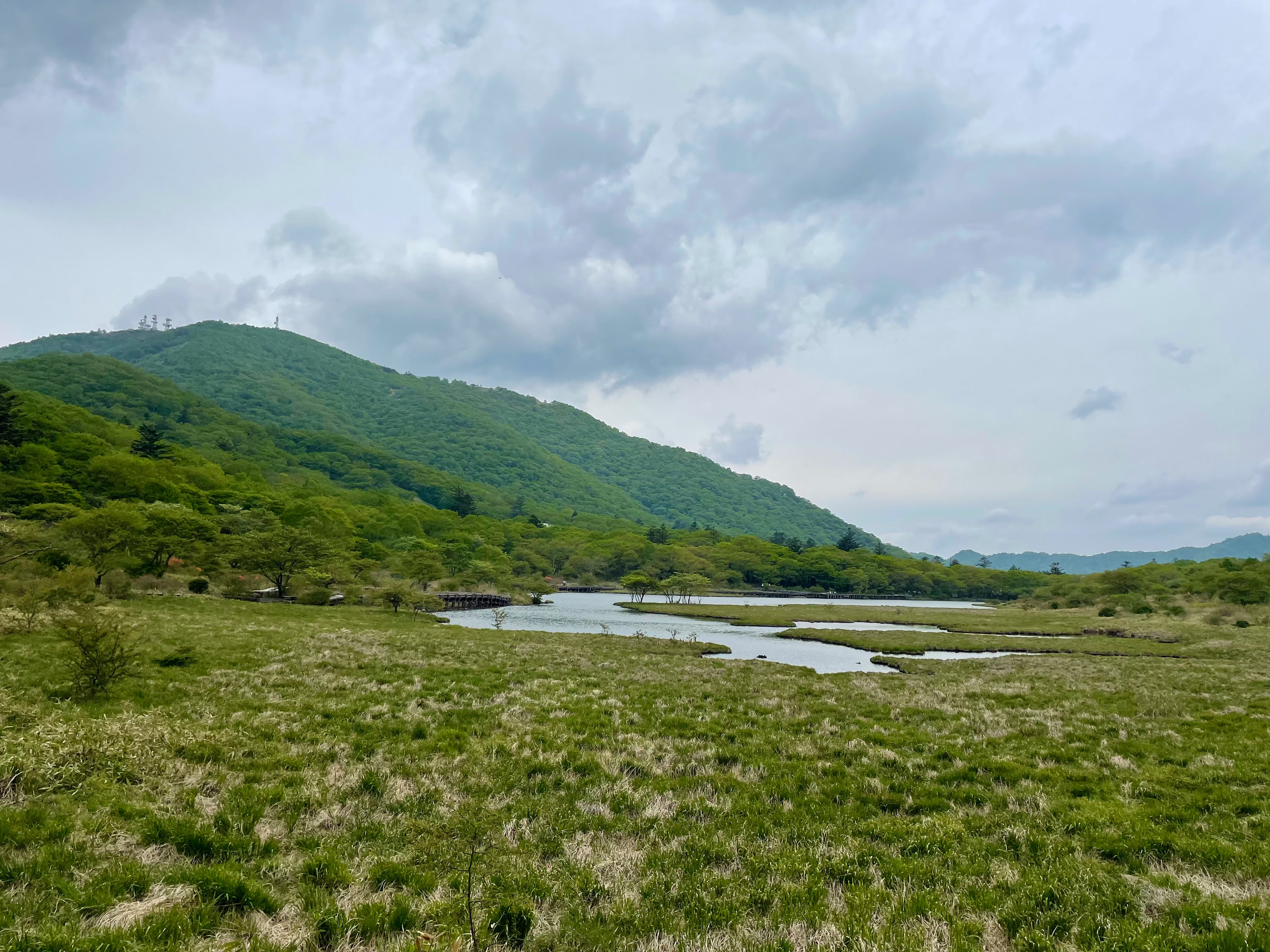 prateria lungo un fiume e montagne verdi