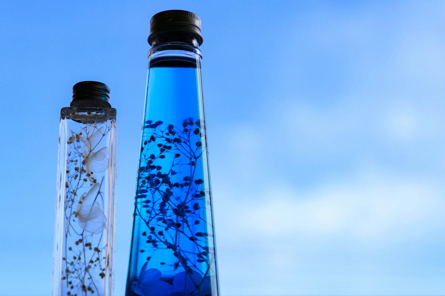 Dua botol berisi cairan biru dan bunga putih di bawah langit biru