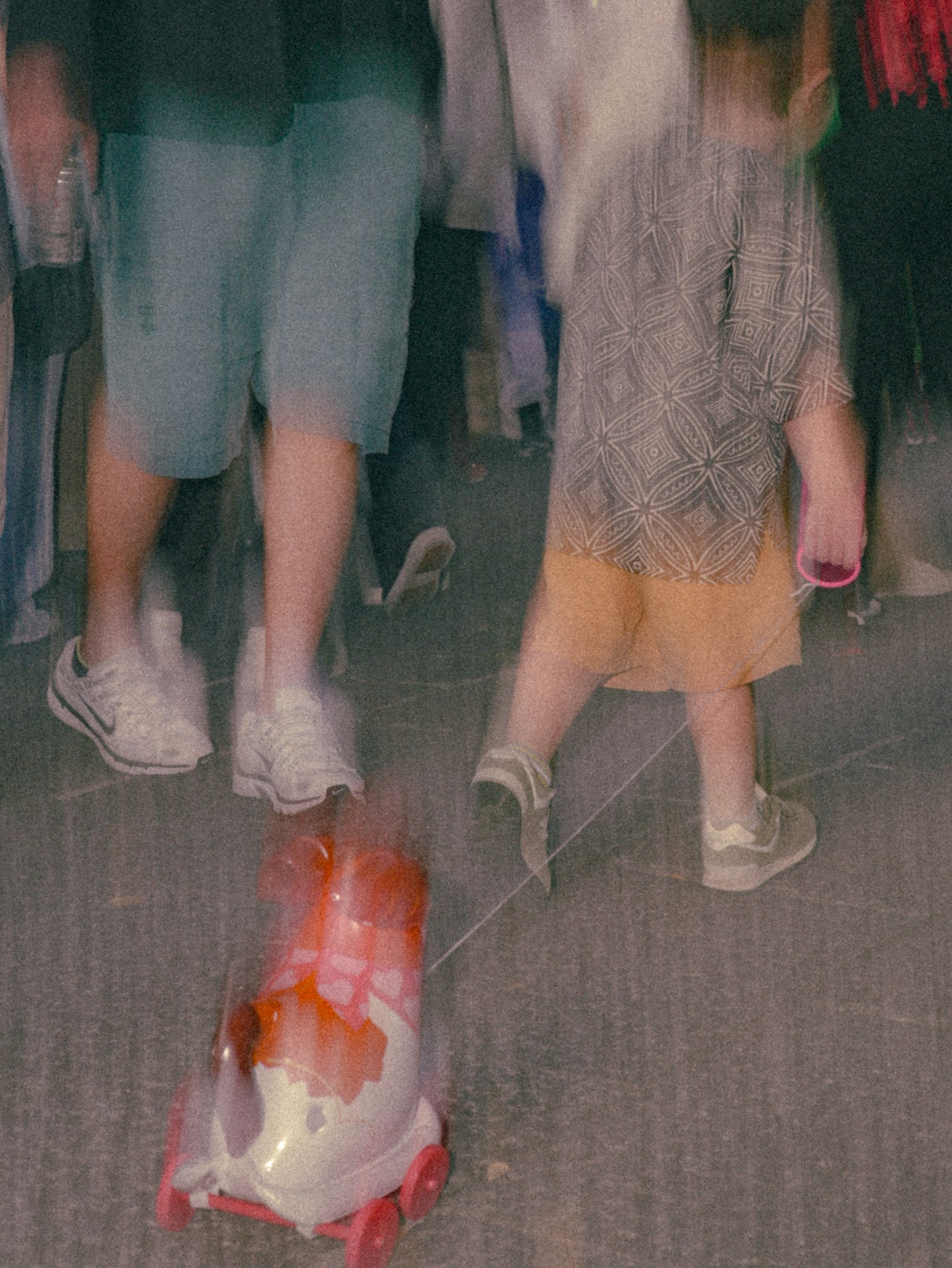 人々の足元に子供と犬が歩いている様子