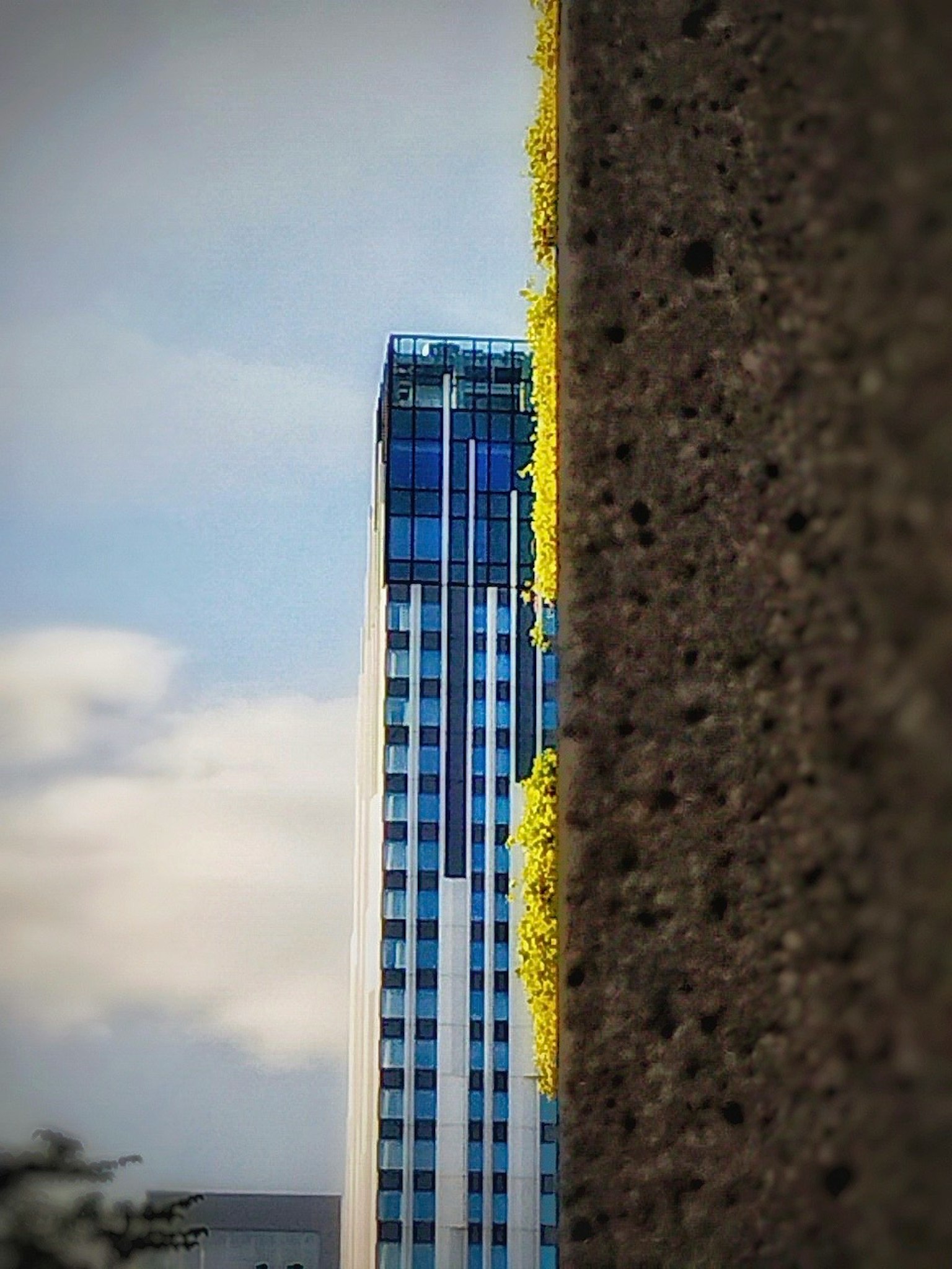 Un gratte-ciel bleu en arrière-plan avec un mur en béton au premier plan