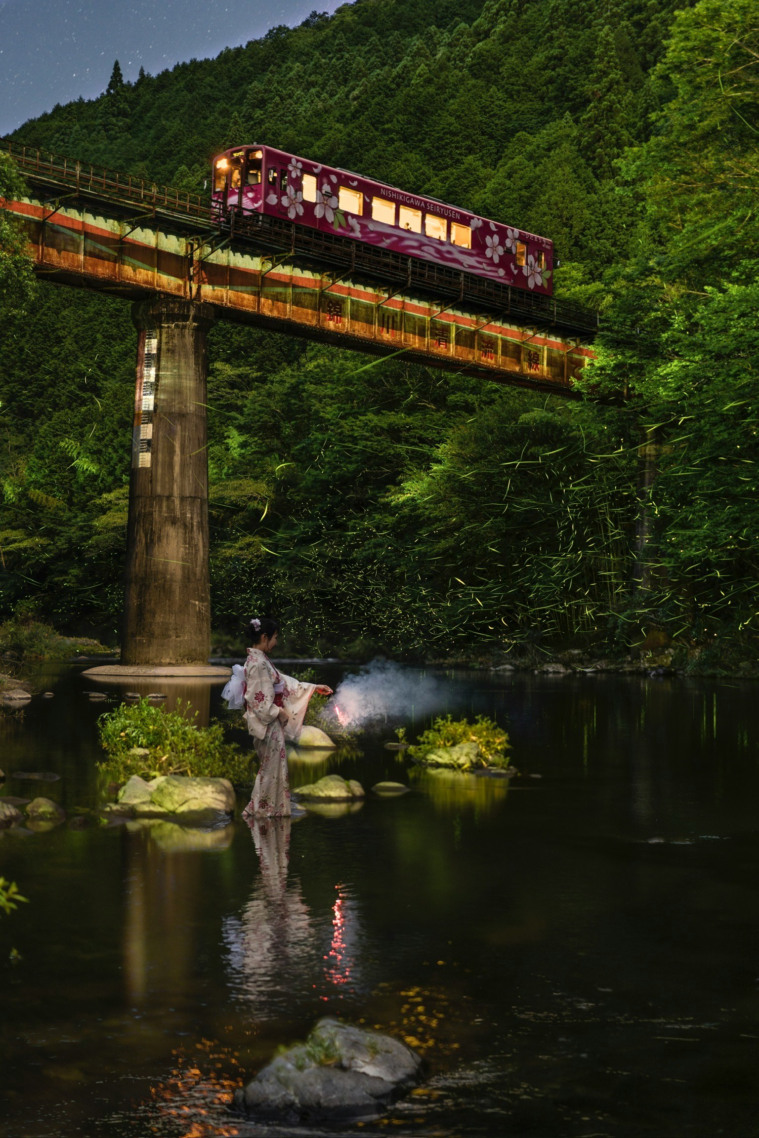 Night riverside scene with a train on the Nishikigawa Seiryusen and fireflies