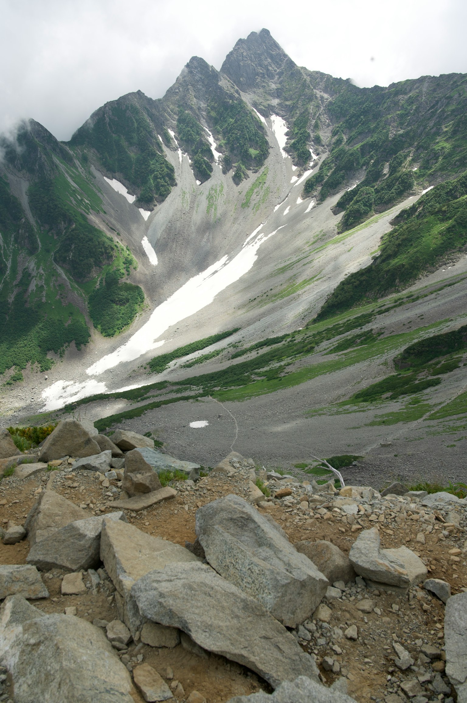 美麗的山景，有雪峰和綠色坡道岩石小道