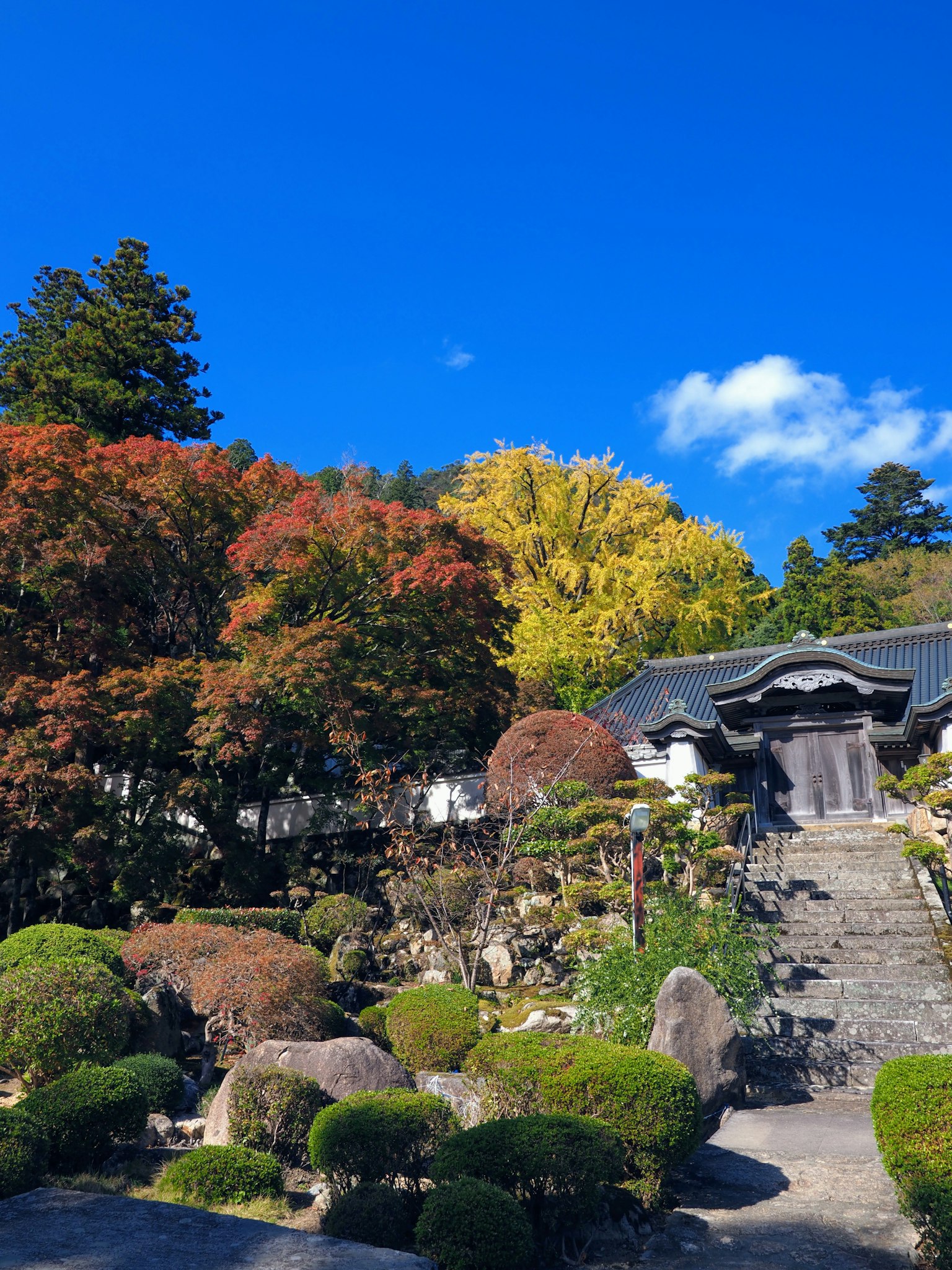 Paysage de jardin magnifique avec des arbres d'automne colorés et un ciel bleu clair escaliers en pierre et bâtiment traditionnel