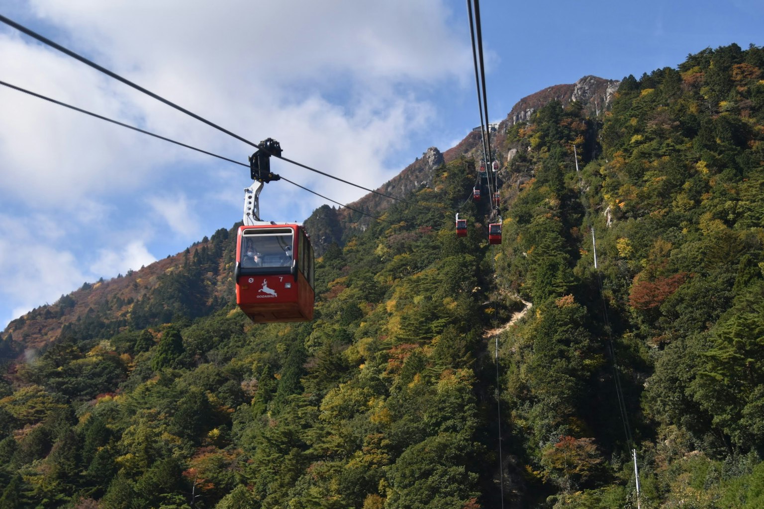 Red cable car traveling along a mountainside with colorful autumn foliage