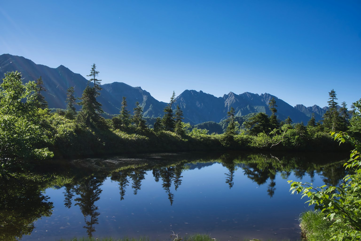 Scenic view of mountains reflecting in a calm lake under a clear blue sky