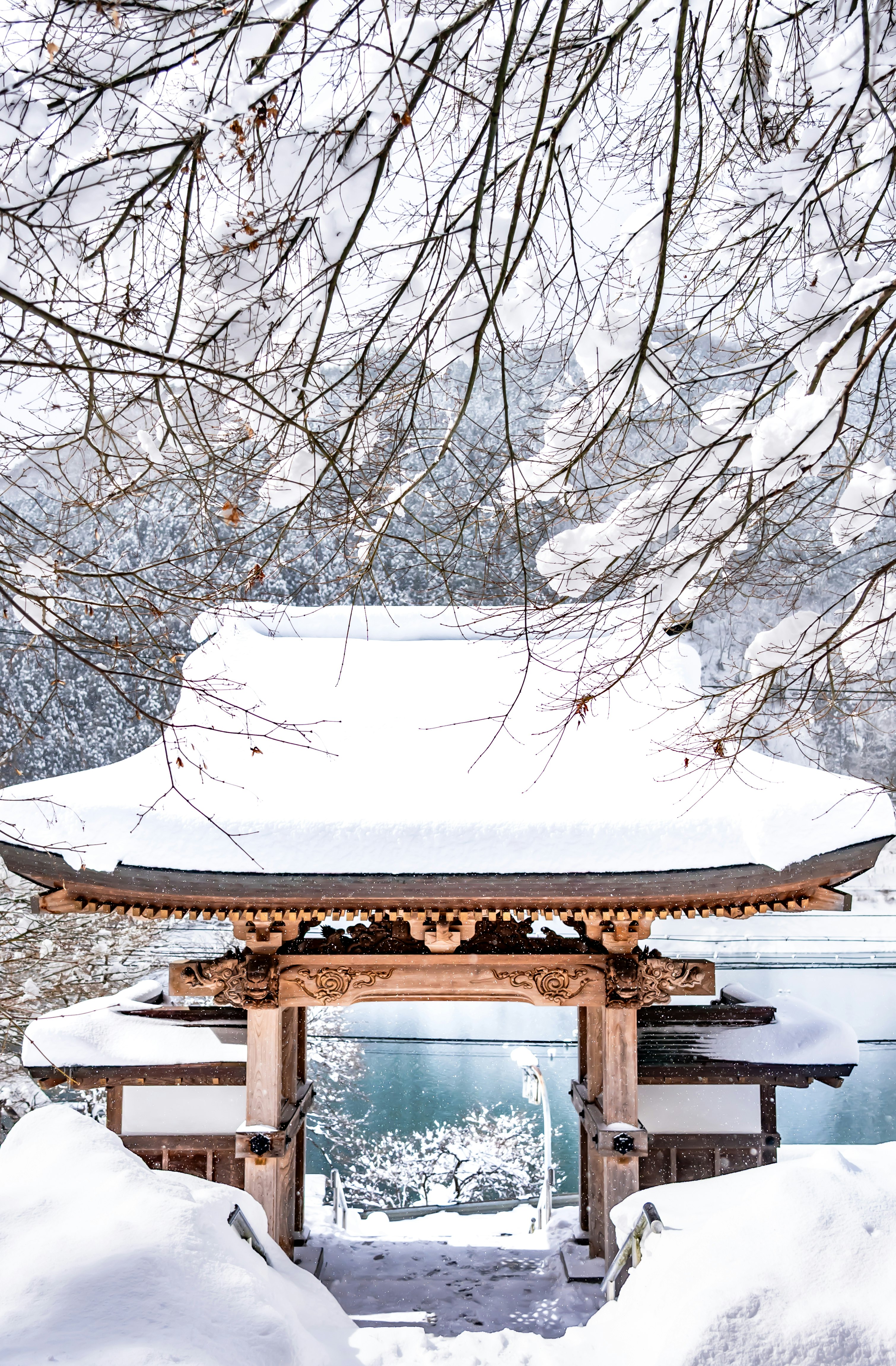 雪の降る寺の門と石段