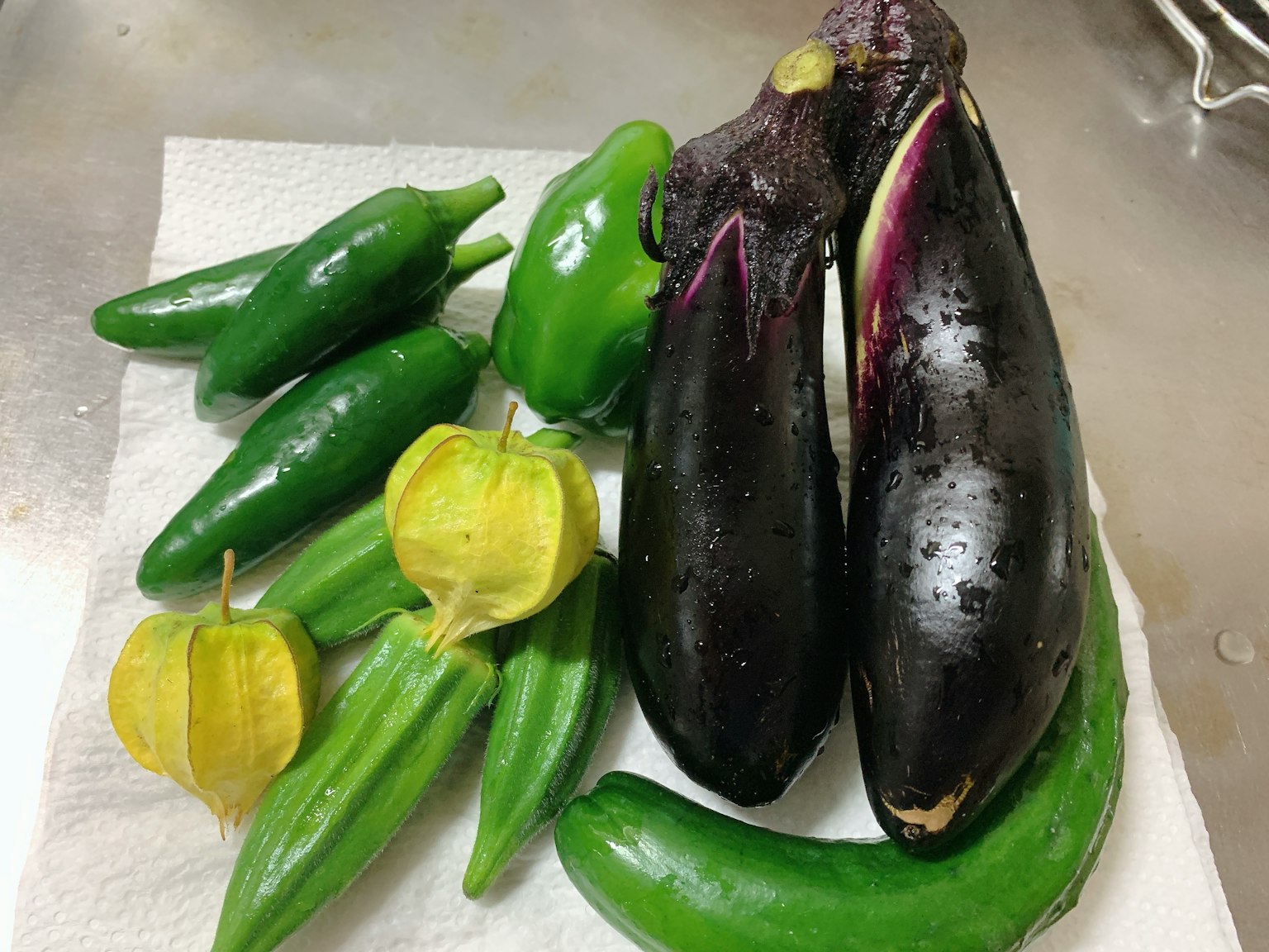Frische Gemüsemischung mit Auberginen grünen Paprika und Tomatillos