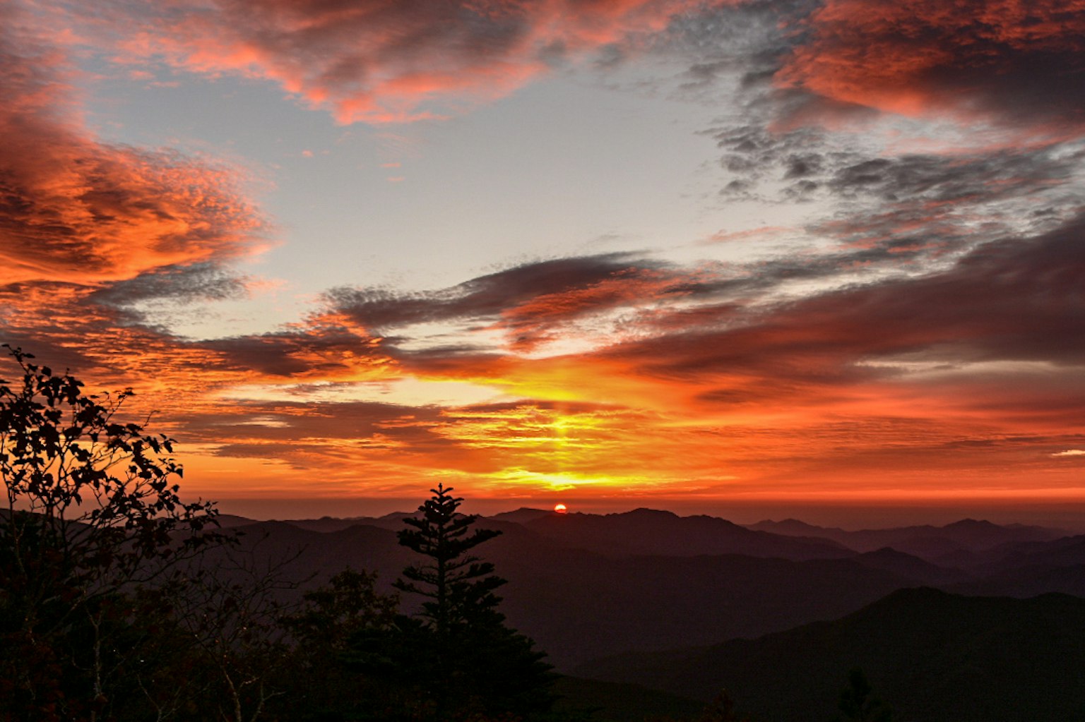 Schöne Sonnenuntergangslandschaft mit Bergen und Bäumen