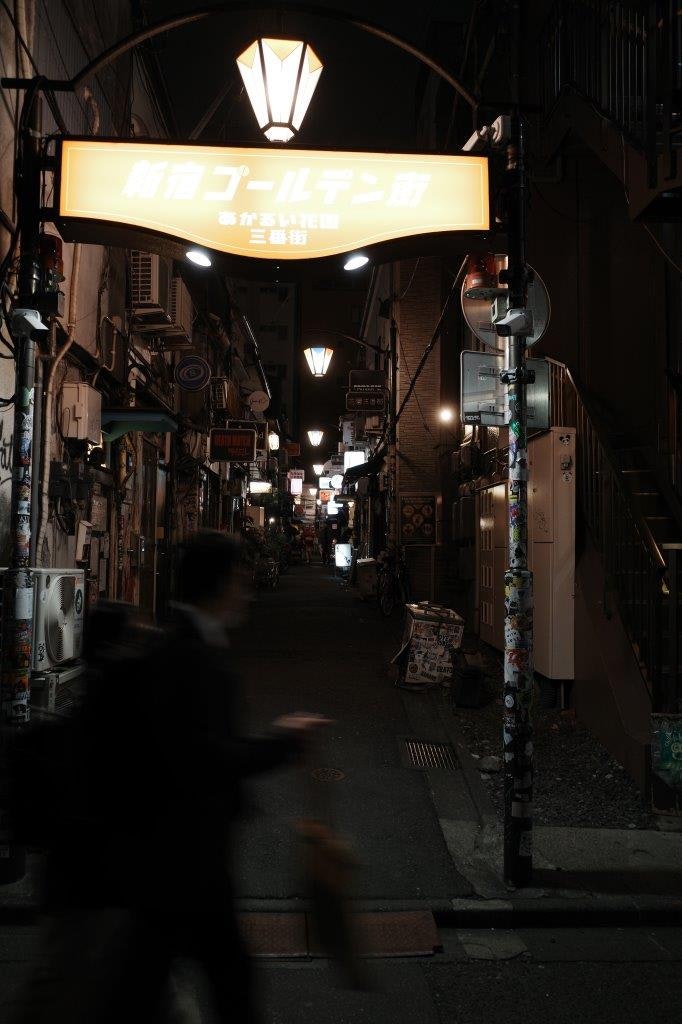 夜の路地に並ぶ看板と街灯のある商店街の通り