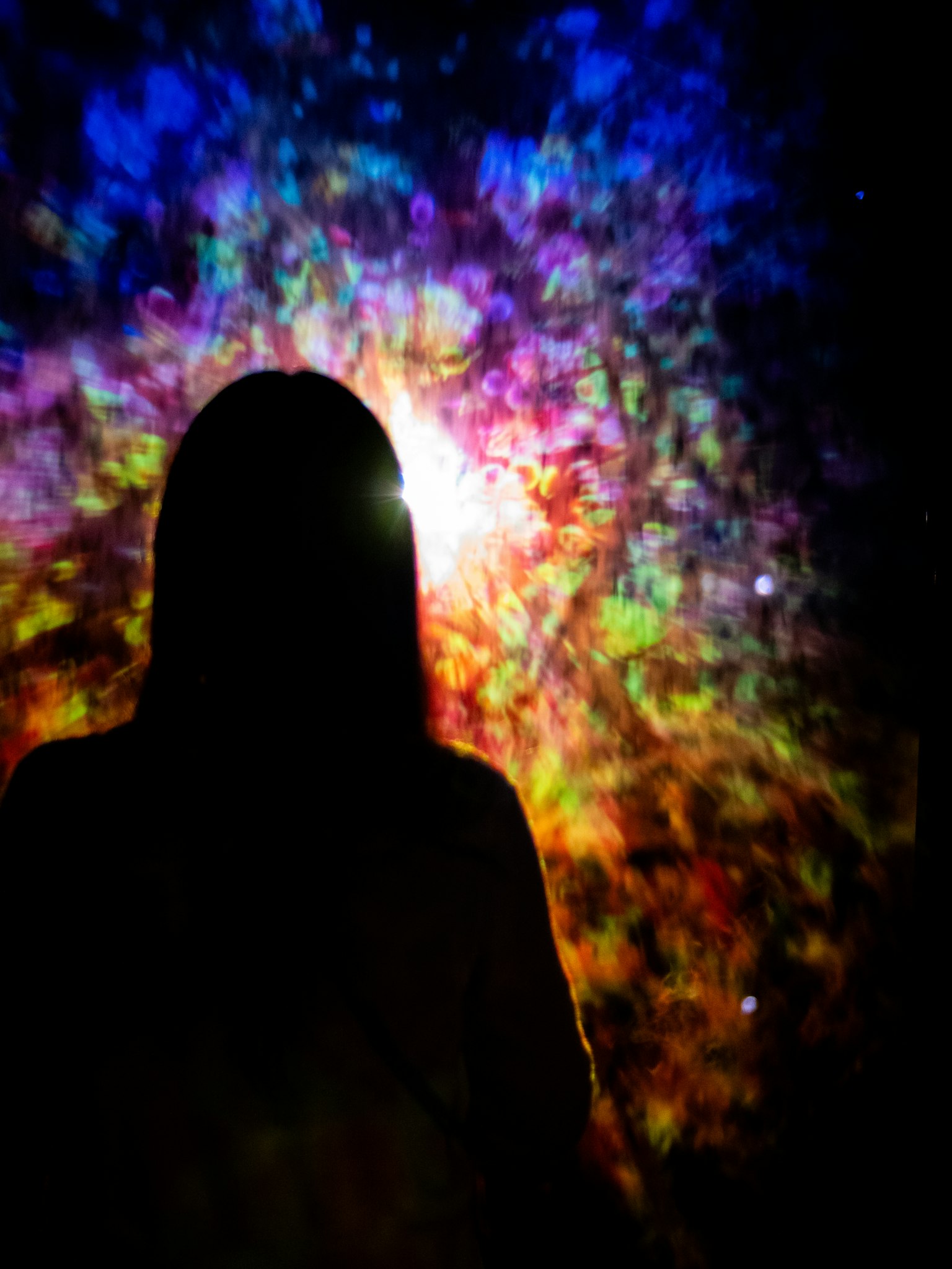 色とりどりの光の中に立つ人のシルエット