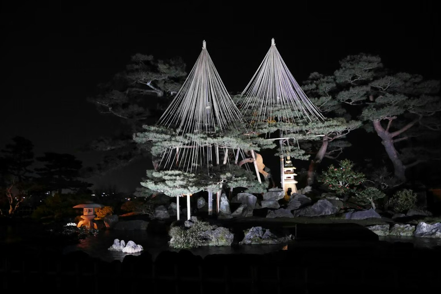 Traditionelle japanische Struktur bei Nacht beleuchtet mit Kiefern