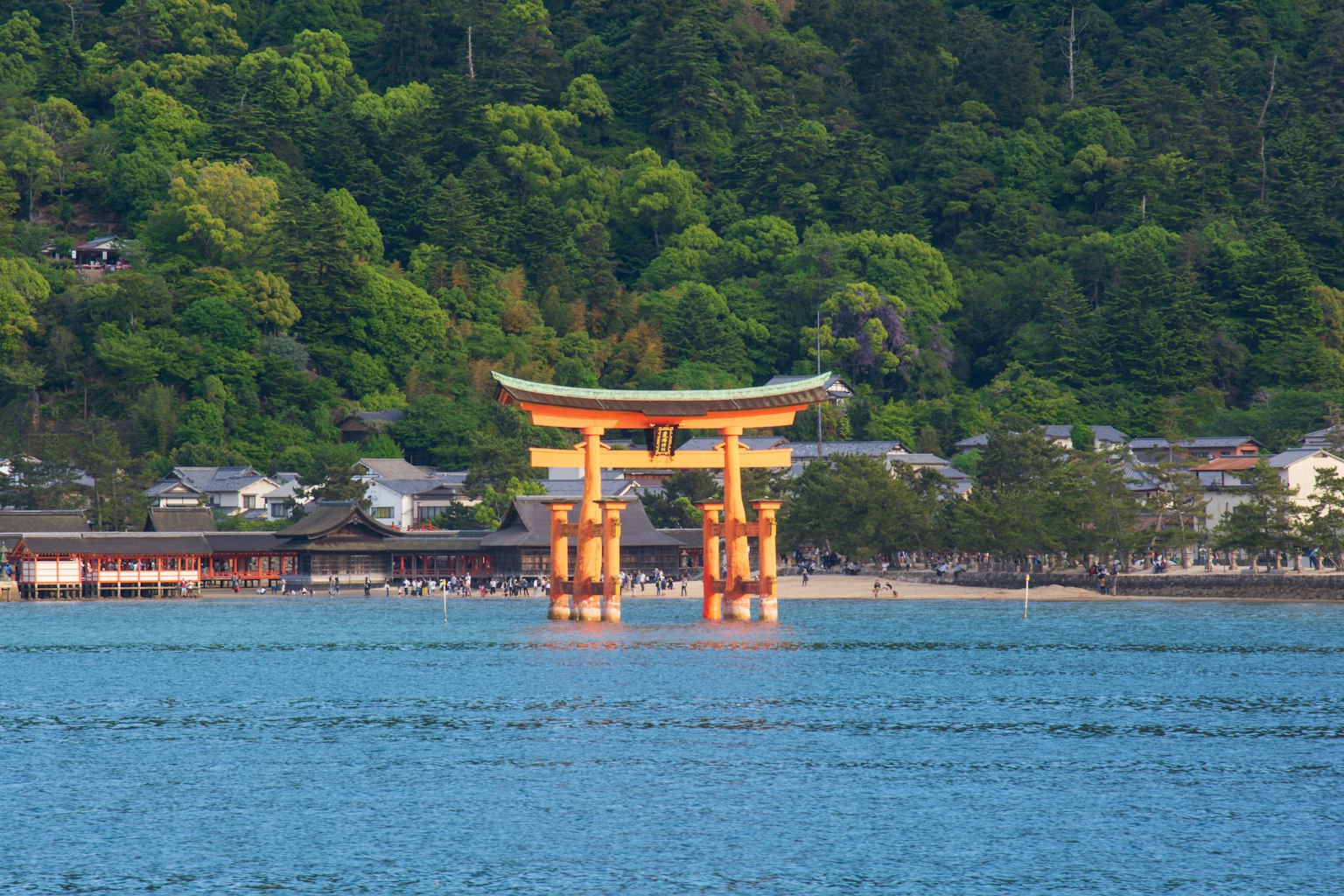 Una gran puerta torii flotando en el agua con montañas verdes de fondo