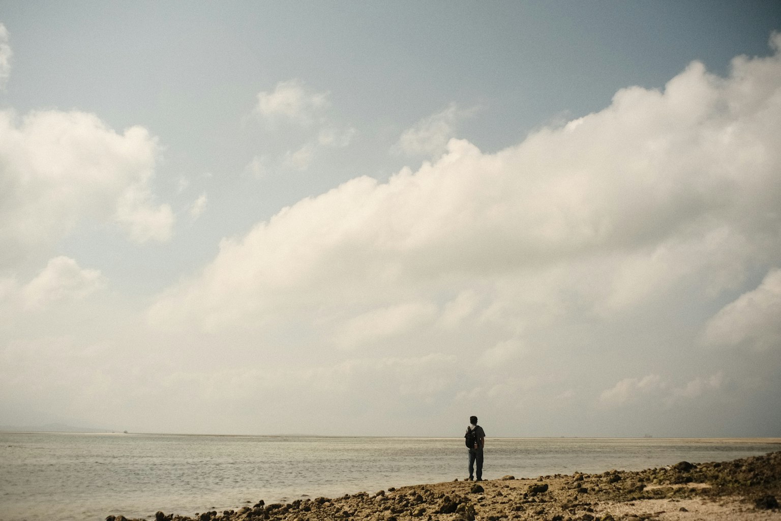Personne debout sur le rivage avec un vaste ciel