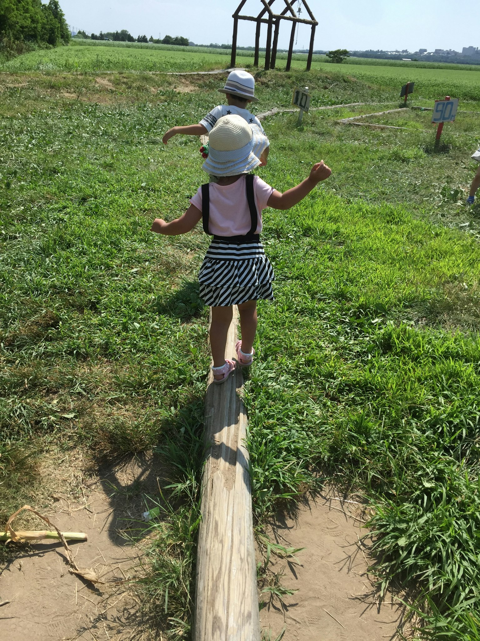 Kinder gehen auf einem Holzstamm in einem grasbewachsenen Feld