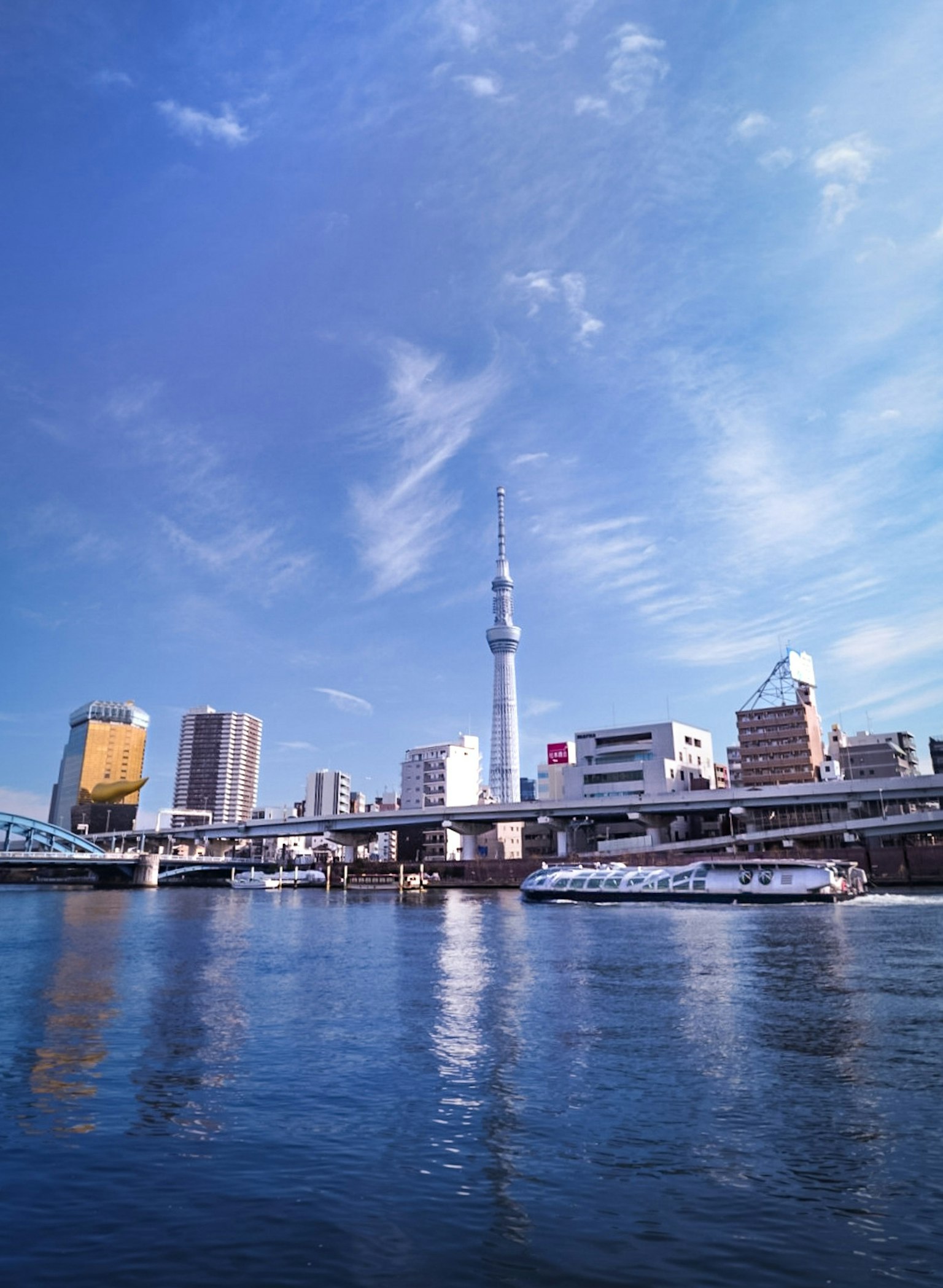東京晴空塔與城市天際線在河中倒影
