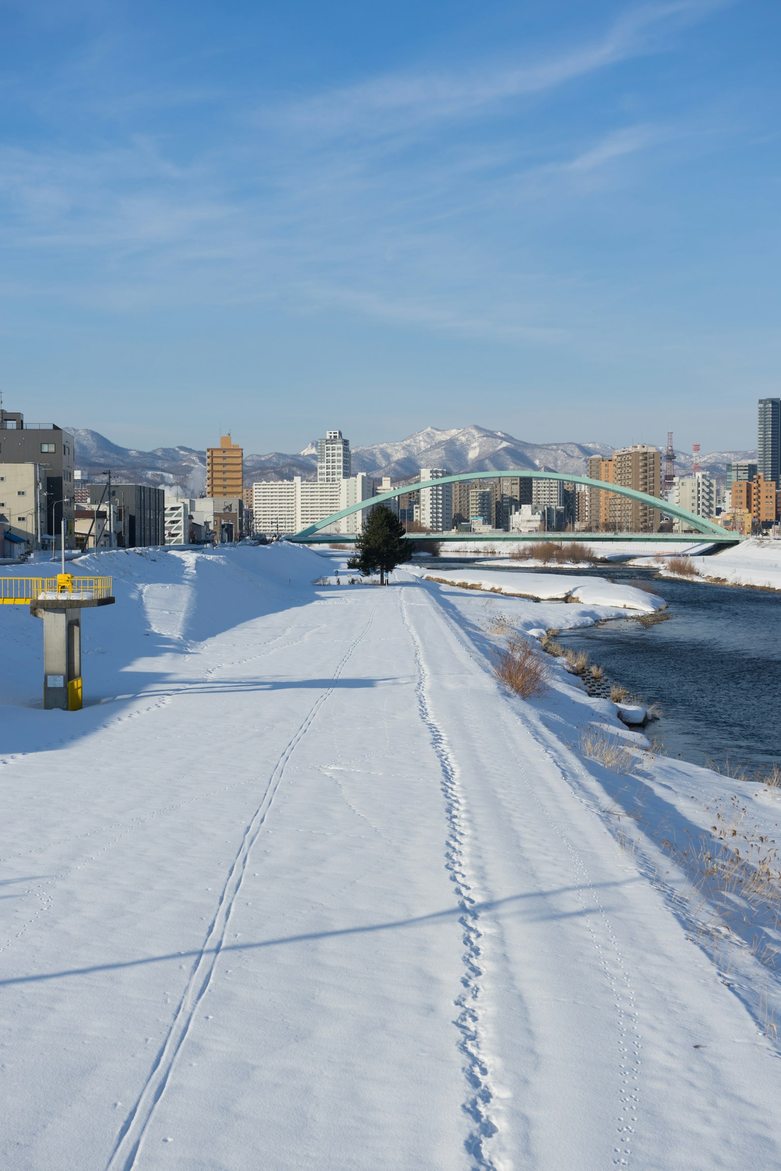 Snow-covered riverside landscape with skyscrapers in the background
