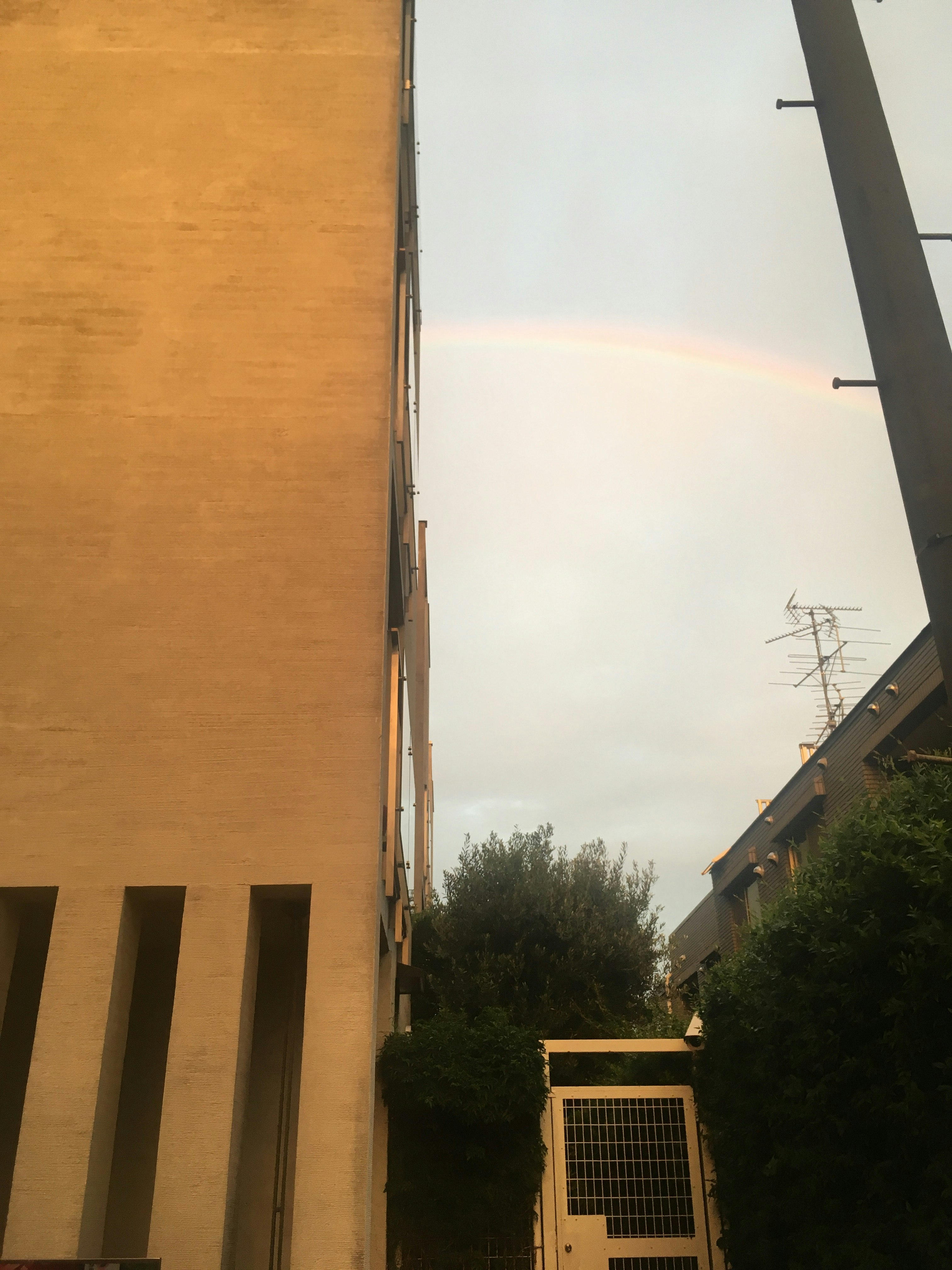 建物の壁と路地の奥に広がる空