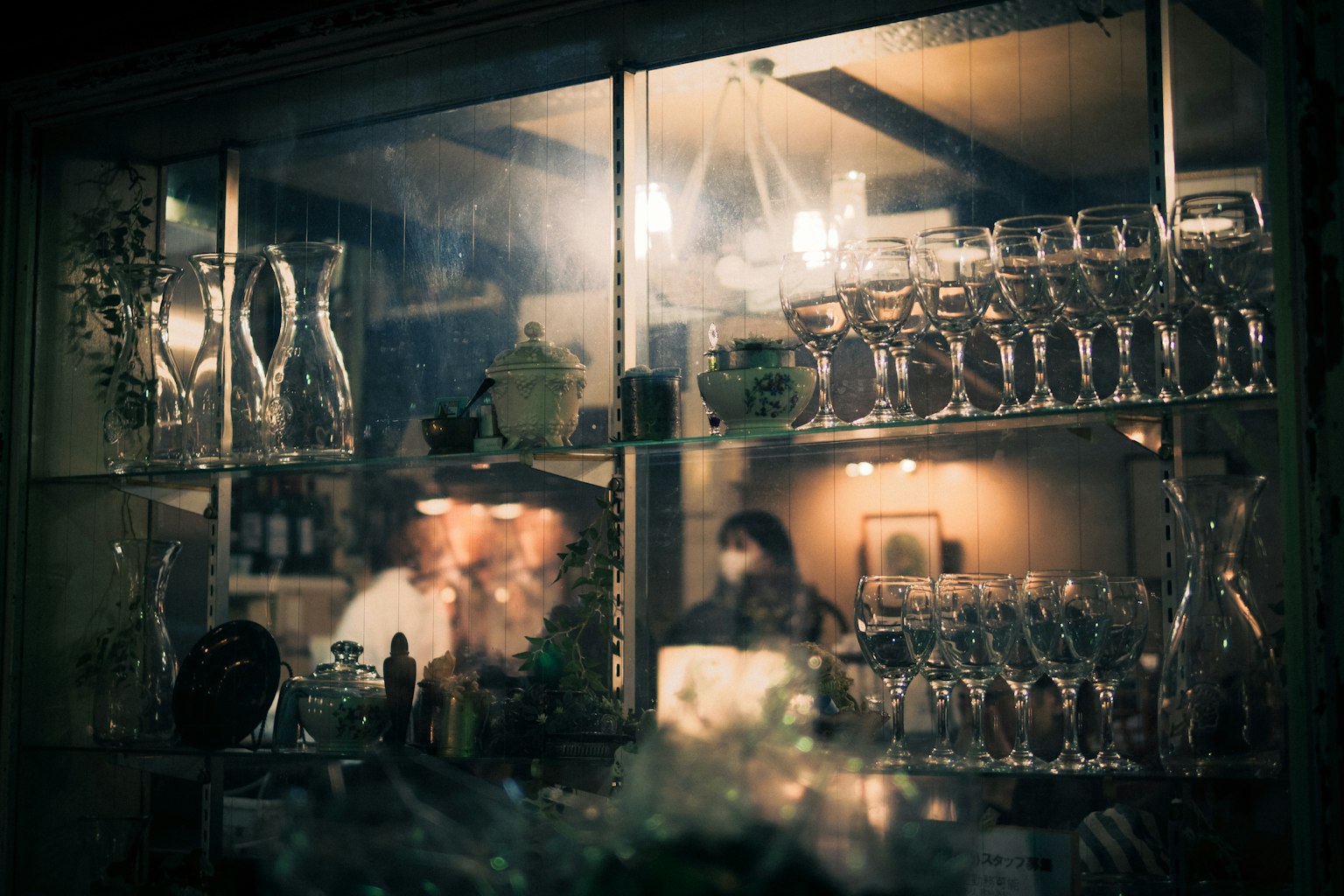 Interior of a cafe seen through glass featuring rows of glasses and decorative plants