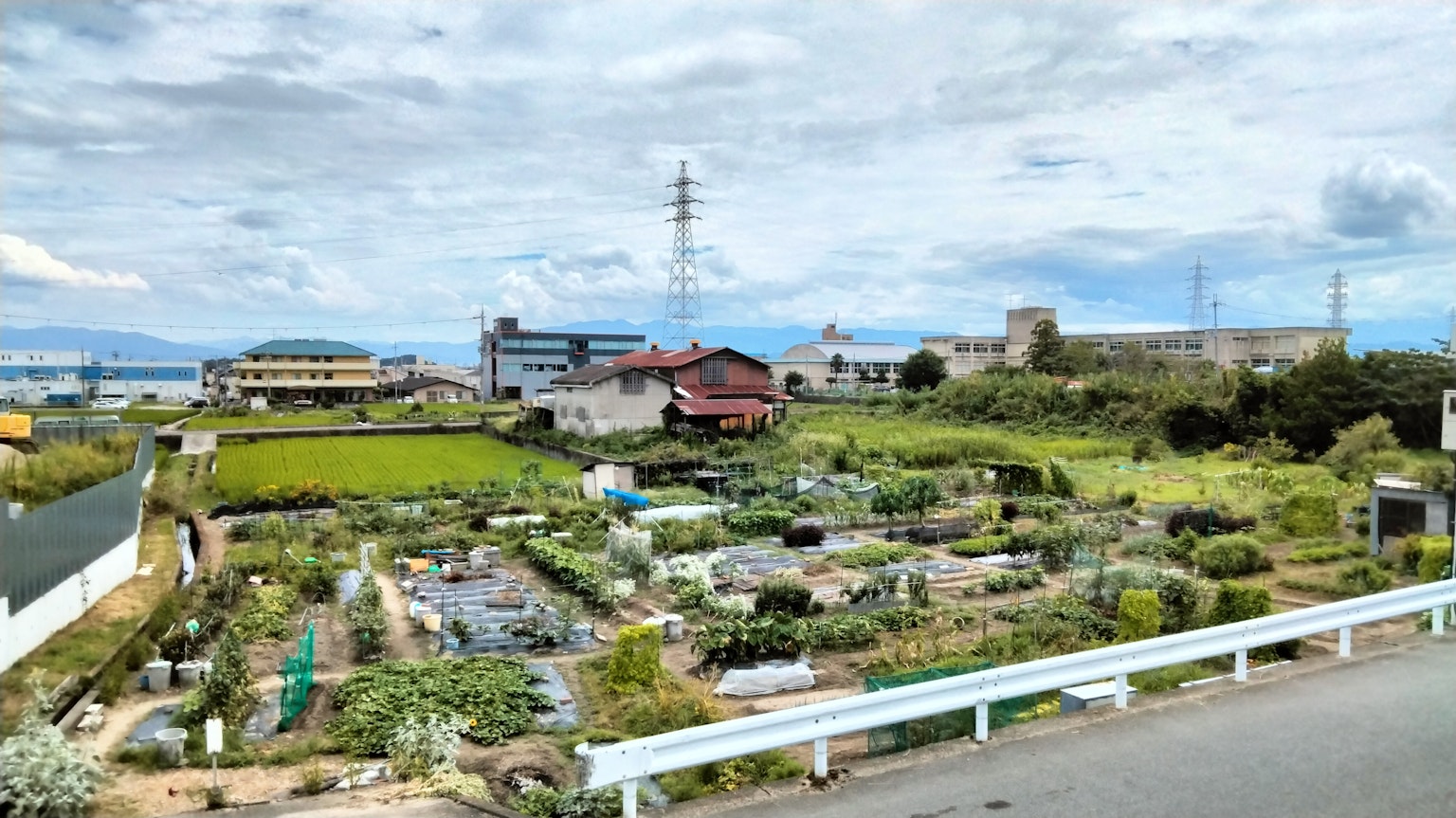 Landscape featuring fields and home gardens under a blue sky