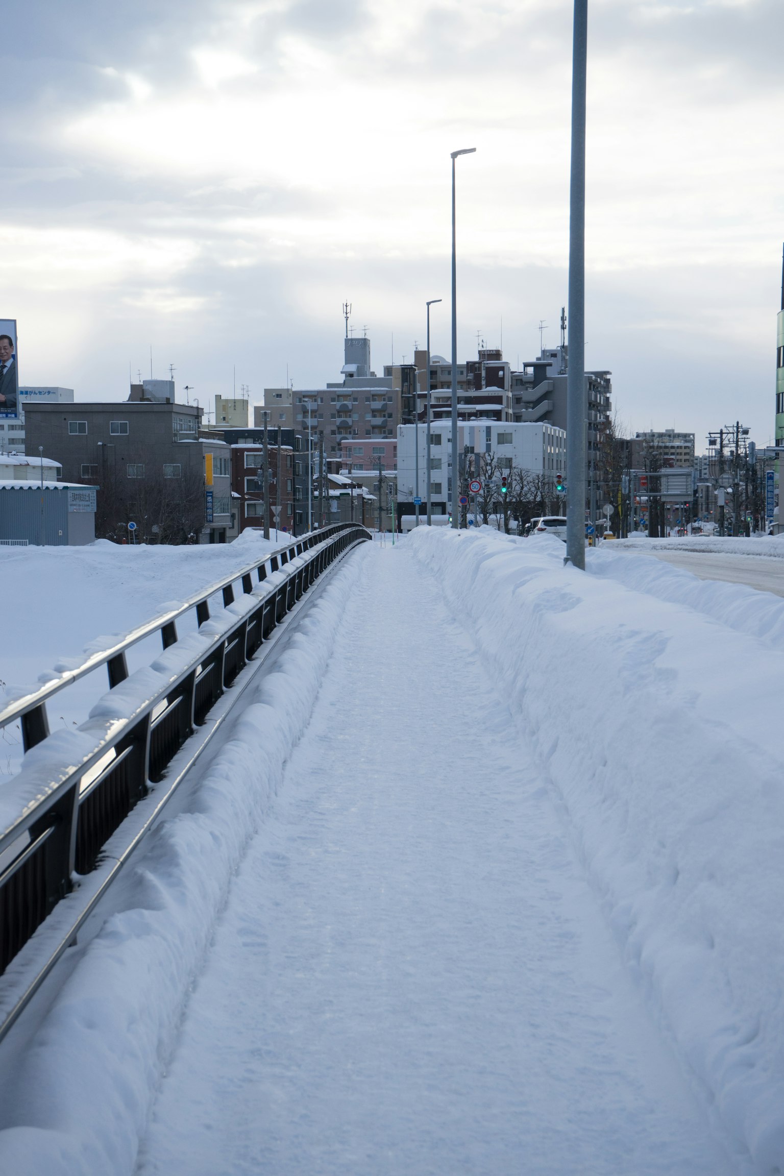Camino cubierto de nieve con paisaje urbano