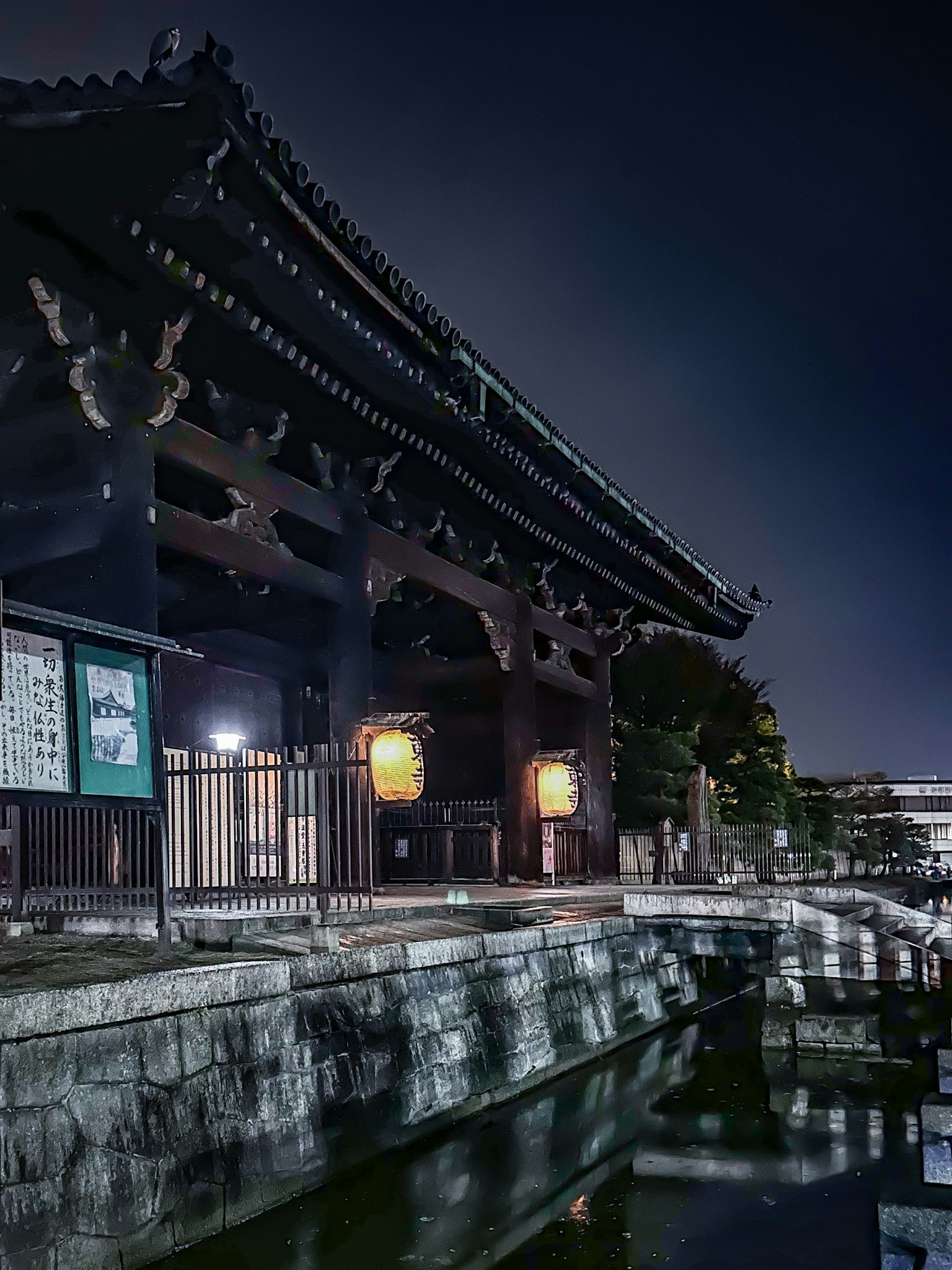 雨上がりの東寺の回廊と池に映るライトアップの夜景、屋根の鷺