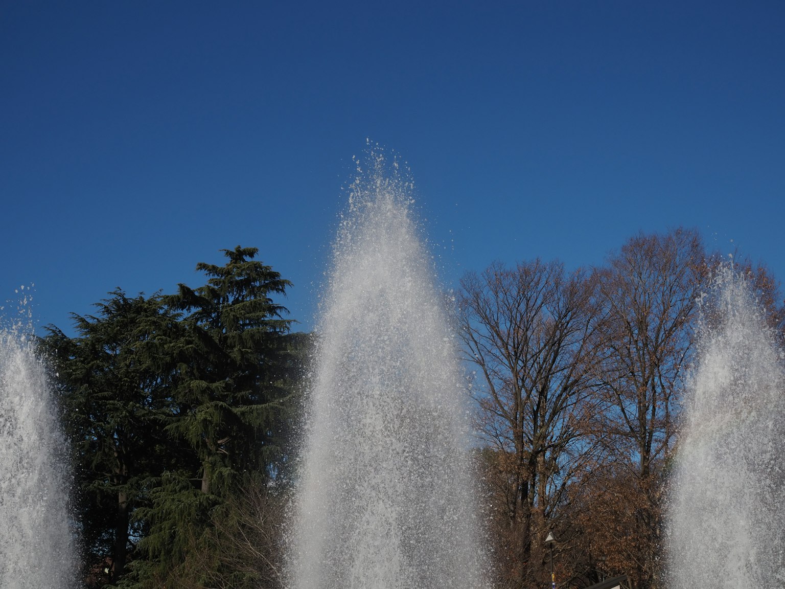 Fontana che spruzza acqua sotto un cielo blu chiaro con alberi sullo sfondo
