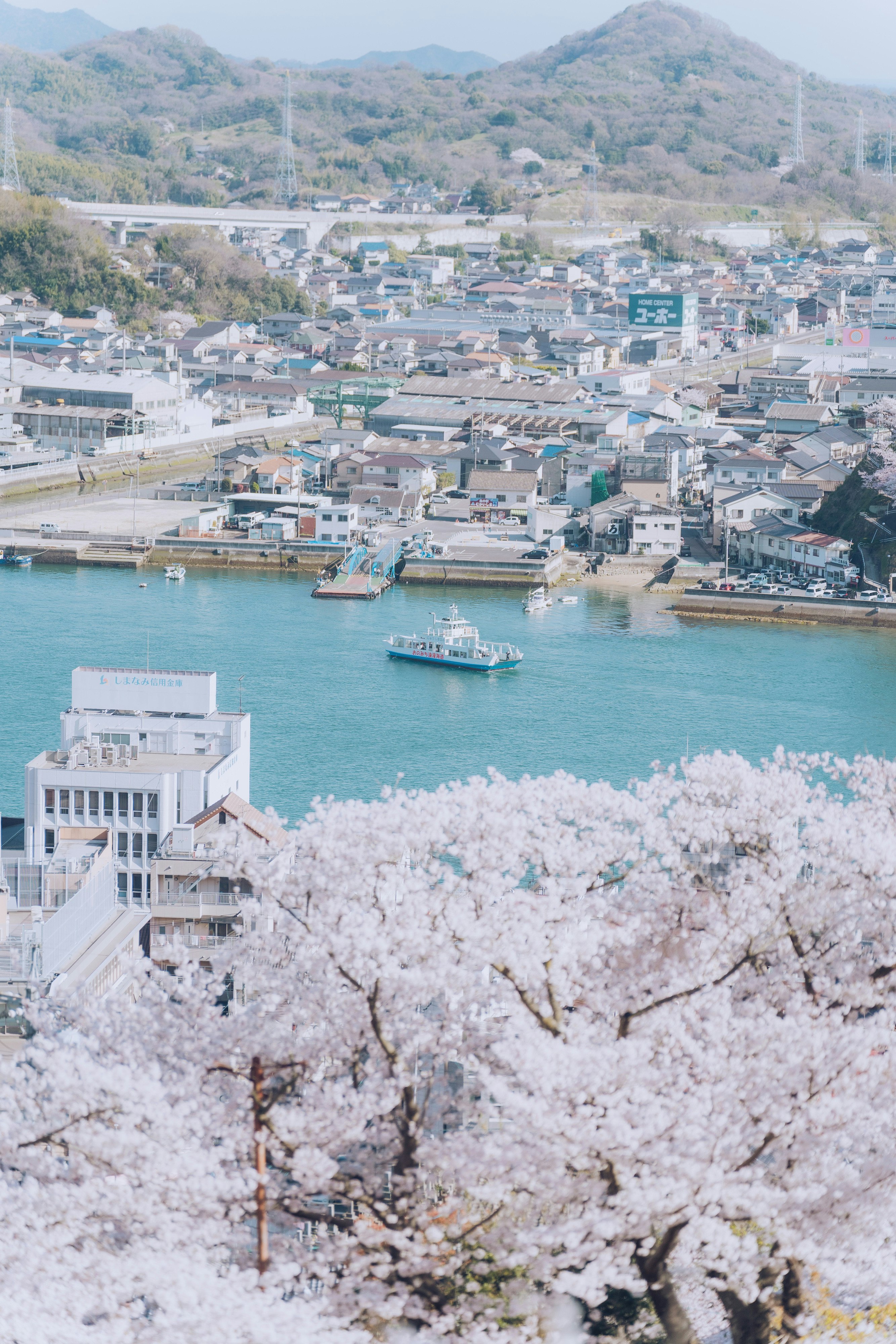 桜咲く丘から見下ろす港町の海と運河